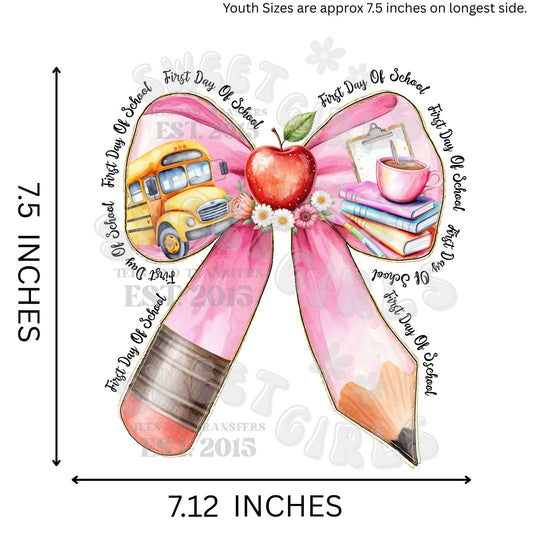 Ready to Press First Day of School Bow DTF Transfer – Watercolor Apple, School Bus & Books Heat Press Iron-On – Direct to Film Back to School Design for Teachers & Students