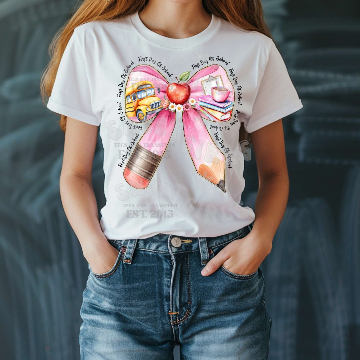 Ready to Press First Day of School Bow DTF Transfer – Watercolor Apple, School Bus & Books Heat Press Iron-On – Direct to Film Back to School Design for Teachers & Students