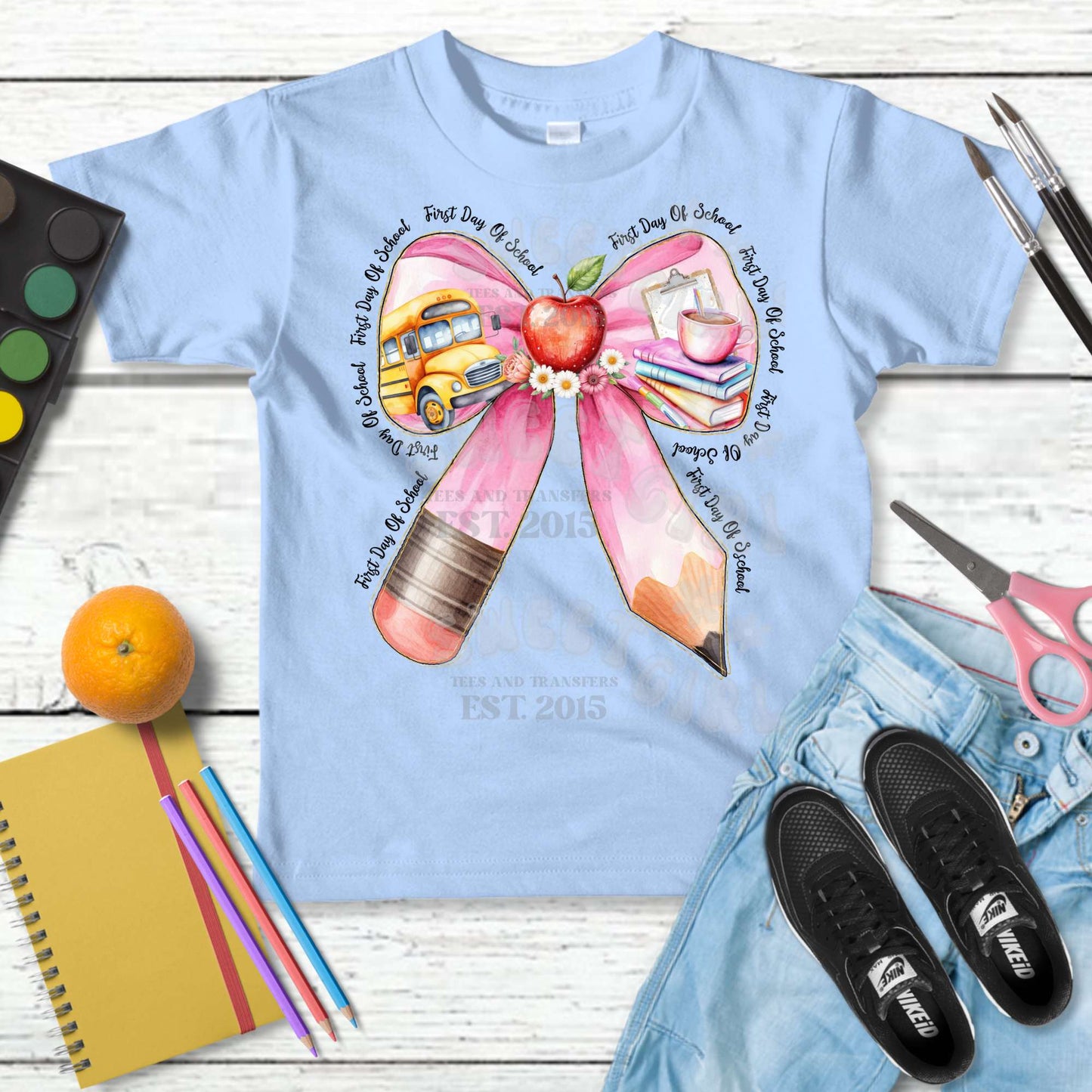 Ready to Press First Day of School Bow DTF Transfer – Watercolor Apple, School Bus & Books Heat Press Iron-On – Direct to Film Back to School Design for Teachers & Students