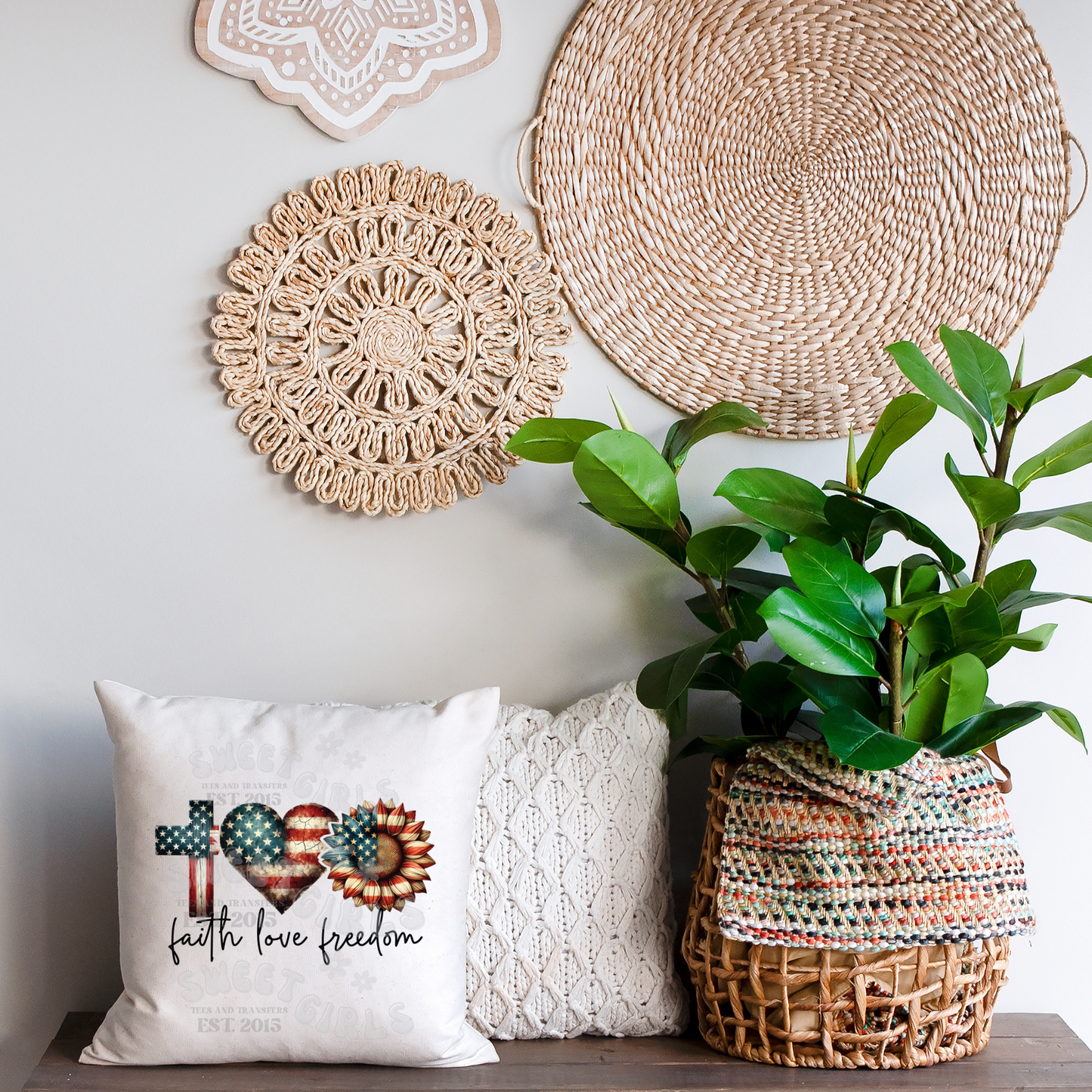 Faith Love Freedom DTF Heat Transfer – Cross, Heart, Sunflower with American Flag – Patriotic Iron-On Sticker for Summer Tees – Ready to Press