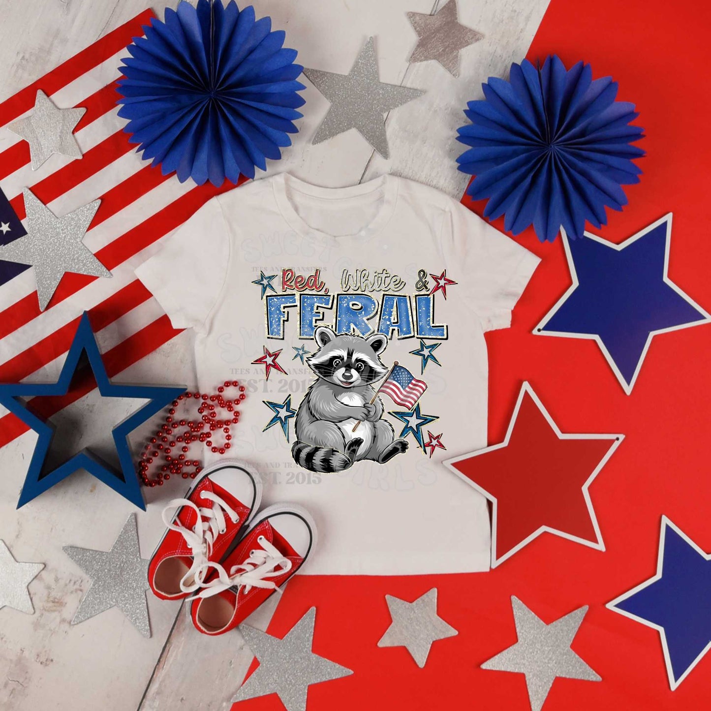 Red White & Feral Raccoon Holding Flag DTF Transfer – Funny July 4th Patriotic Animal Iron-On Heat Transfer for T-Shirts, Sweatshirts, Totes – USA Graphic Ready to Press