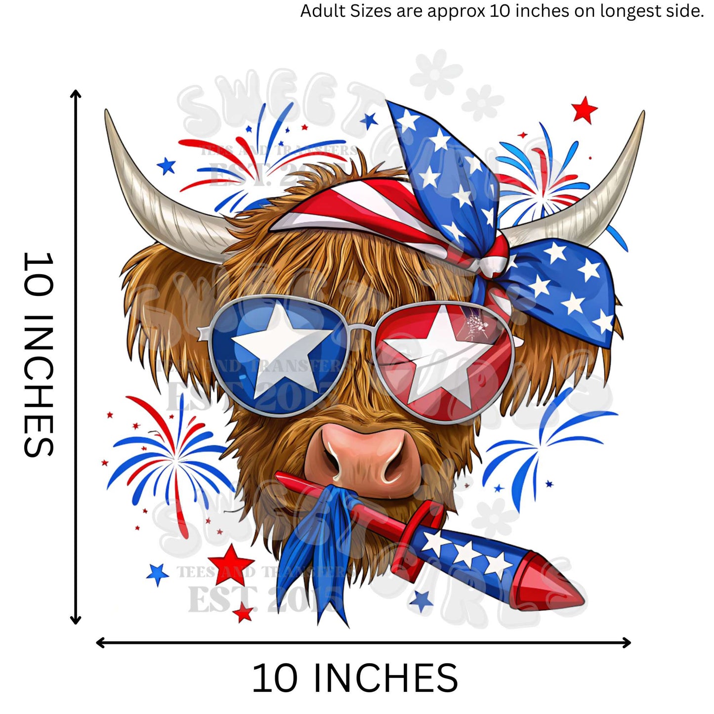 Ready to Press Patriotic Highland Cow Fireworks DTF Transfer – July 4th Red White Blue Cowgirl Heat Press Iron-On for Shirts, Bags – Direct to Film Summer Transfer for Farm Life Fans