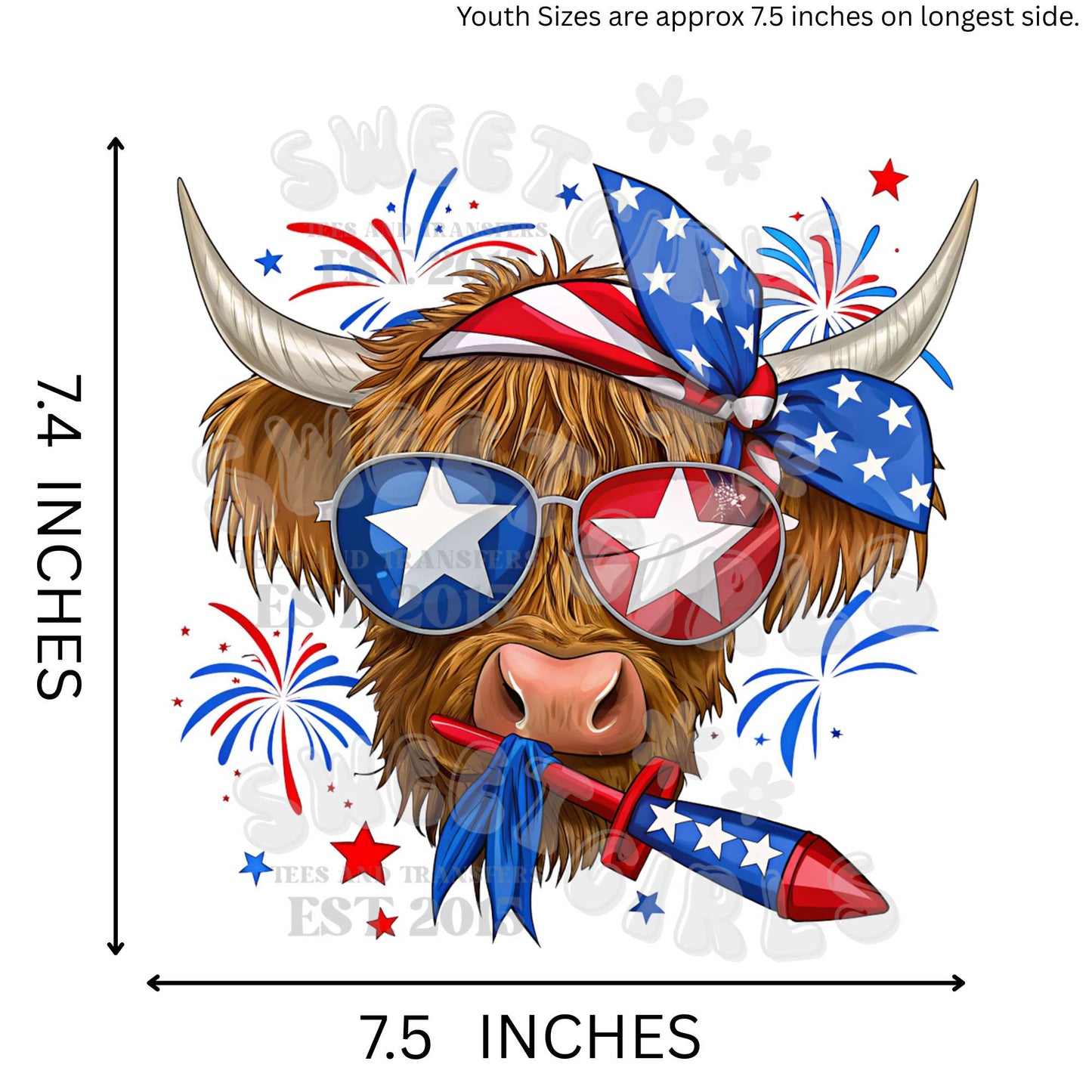 Ready to Press Patriotic Highland Cow Fireworks DTF Transfer – July 4th Red White Blue Cowgirl Heat Press Iron-On for Shirts, Bags – Direct to Film Summer Transfer for Farm Life Fans