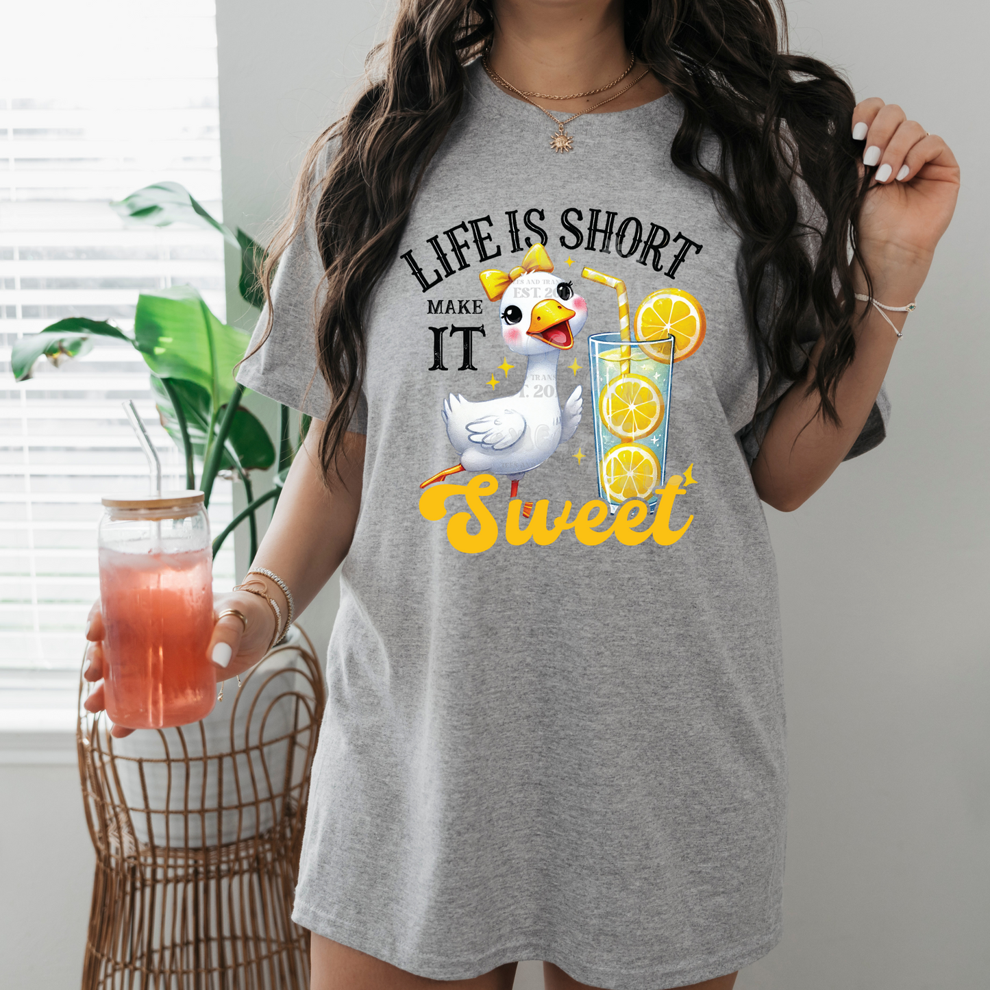 Life Is Short Make It Sweet DTF Heat Transfer – Duck with Lemonade & Bow – Cute Summer Iron-On for Shirts, Totes, and DIY Apparel – Ready to Press