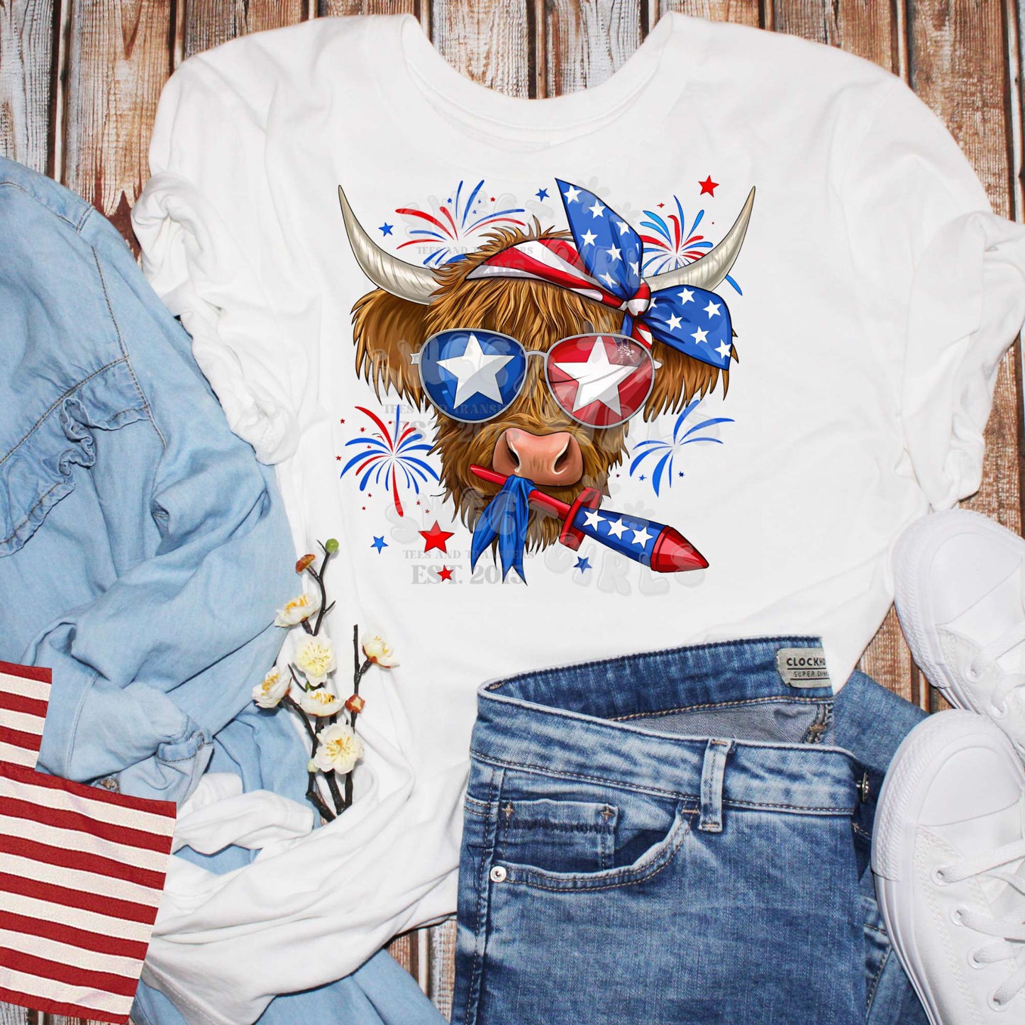 Ready to Press Patriotic Highland Cow Fireworks DTF Transfer – July 4th Red White Blue Cowgirl Heat Press Iron-On for Shirts, Bags – Direct to Film Summer Transfer for Farm Life Fans