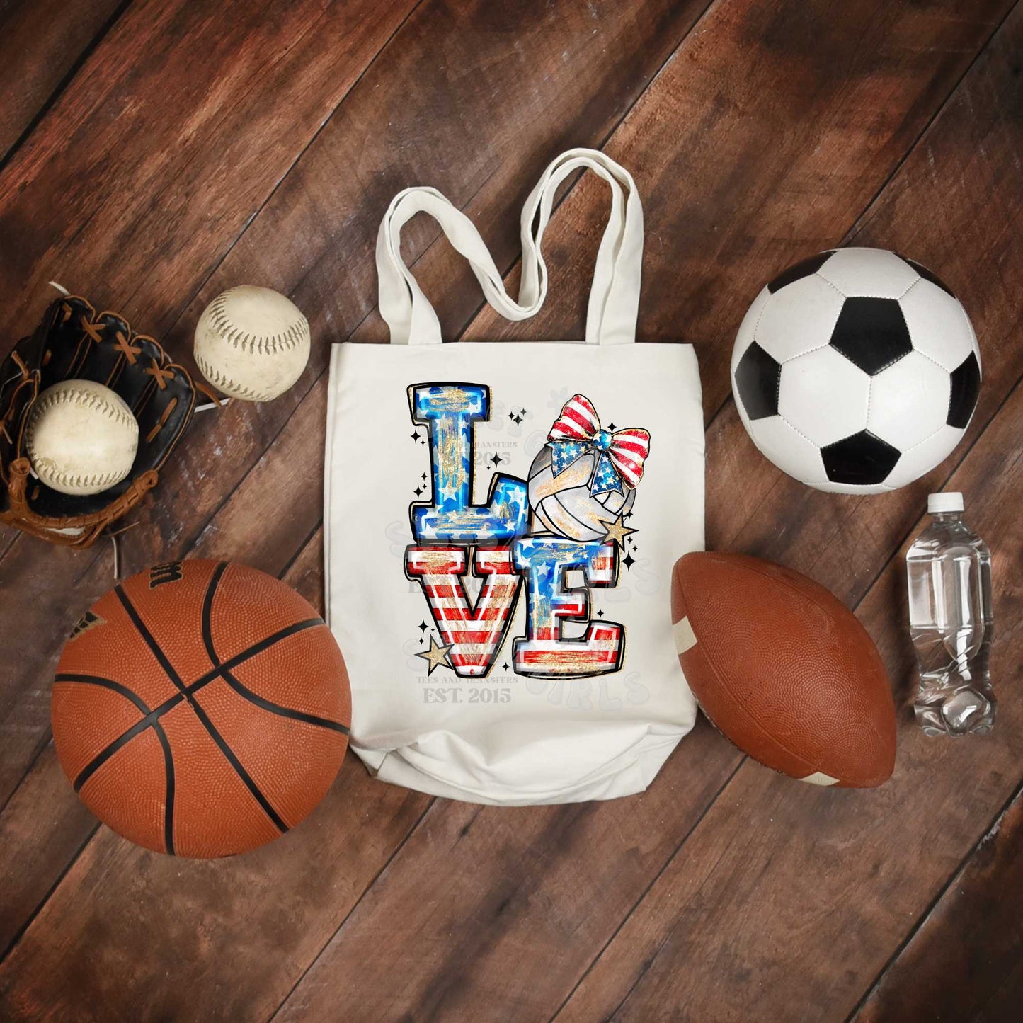LOVE Volleyball USA Bow Heat Transfer – Direct to Film (DTF) Iron-On Transfer – American Flag Volleyball Design – July 4th Fabric Decal for T-Shirts & Bags