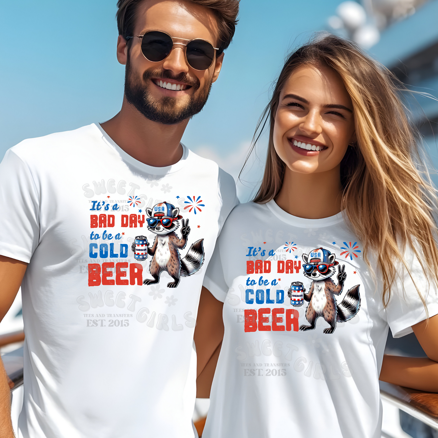 It’s a Bad Day to Be a Cold Beer DTF Heat Transfer – Funny Patriotic Raccoon with American Can – Ready to Press 4th of July Iron-On for Tees & Tanks