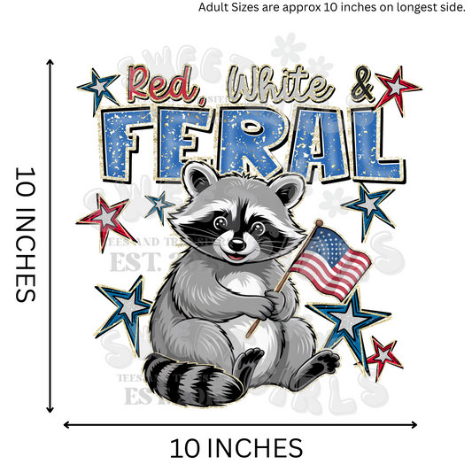 Red White & Feral Raccoon Holding Flag DTF Transfer – Funny July 4th Patriotic Animal Iron-On Heat Transfer for T-Shirts, Sweatshirts, Totes – USA Graphic Ready to Press