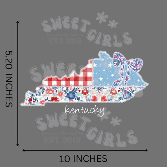 Ready to Press Kentucky Patchwork Floral Bow DTF Transfer – Patriotic Red White Blue Direct to Film Iron-On – Cute Country Style Heat Press Design for July 4th, State Pride, & Southern Charm