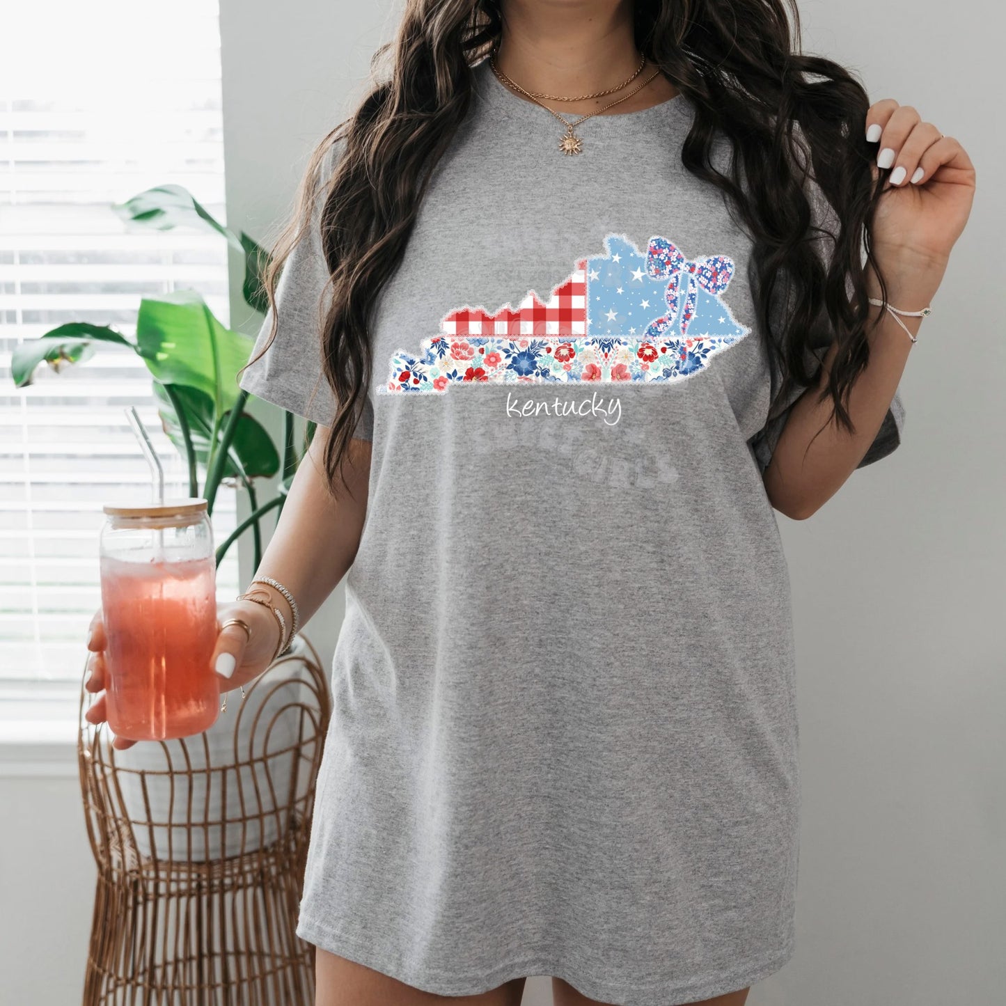 Ready to Press Kentucky Patchwork Floral Bow DTF Transfer – Patriotic Red White Blue Direct to Film Iron-On – Cute Country Style Heat Press Design for July 4th, State Pride, & Southern Charm