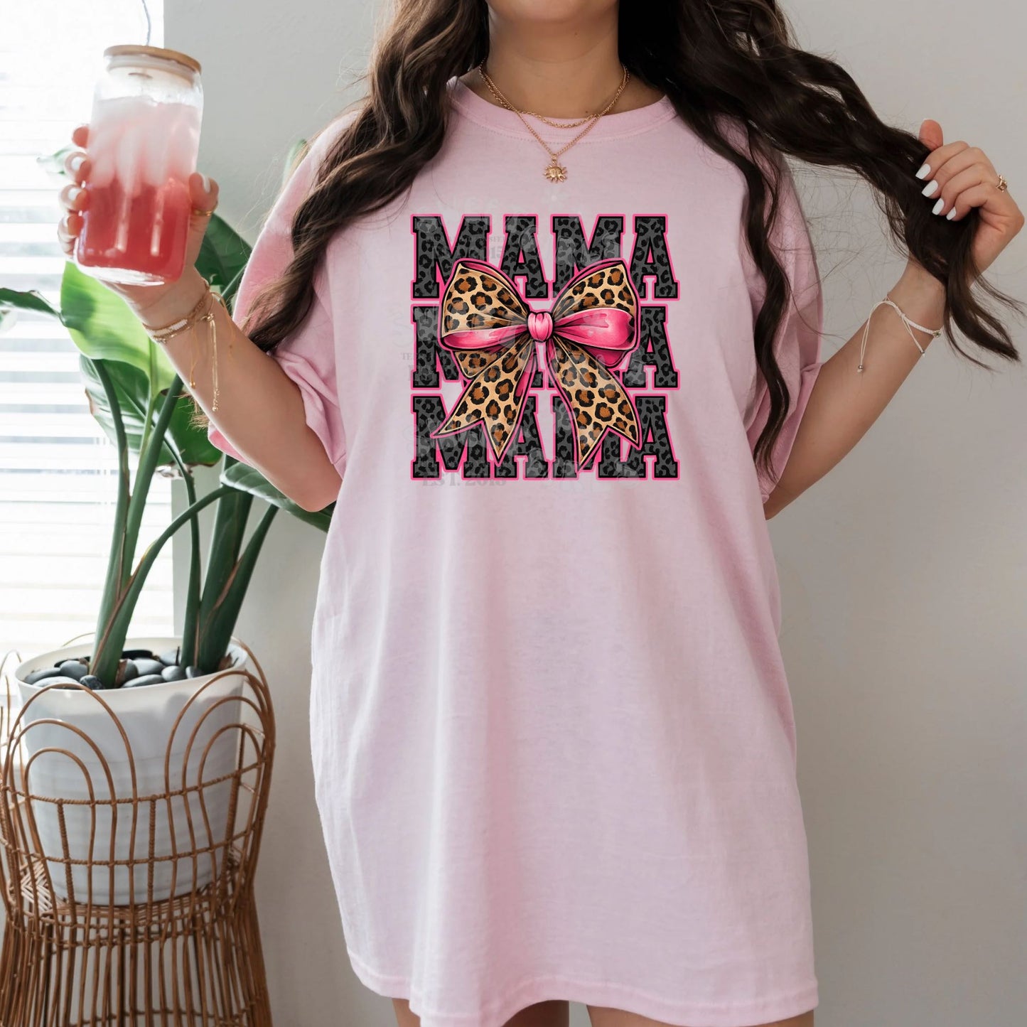 Leopard Bow MAMA DTF Transfer – Hot Pink & Cheetah Print Iron-On – Trendy Bold Mom Life Heat Transfer for Shirts & Bags – Washable Direct to Film Decal