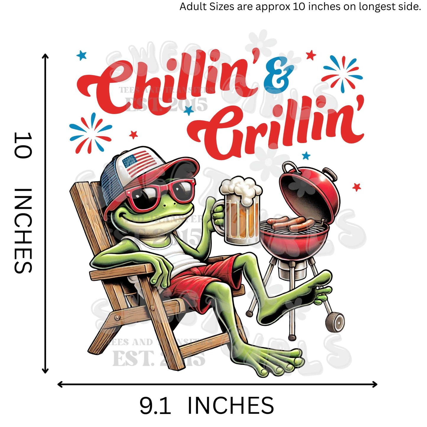 Chillin’ & Grillin’ Frog DTF Transfer – Patriotic Beer BBQ Design – Ready to Press