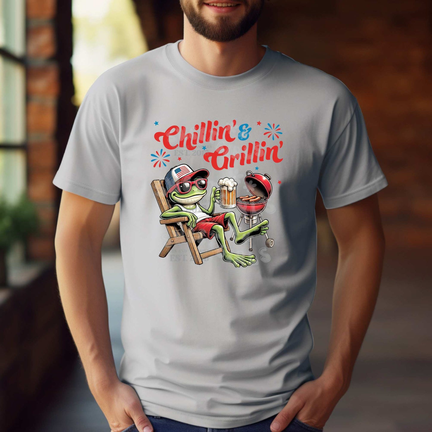 Chillin’ & Grillin’ Frog DTF Transfer – Patriotic Beer BBQ Design – Ready to Press