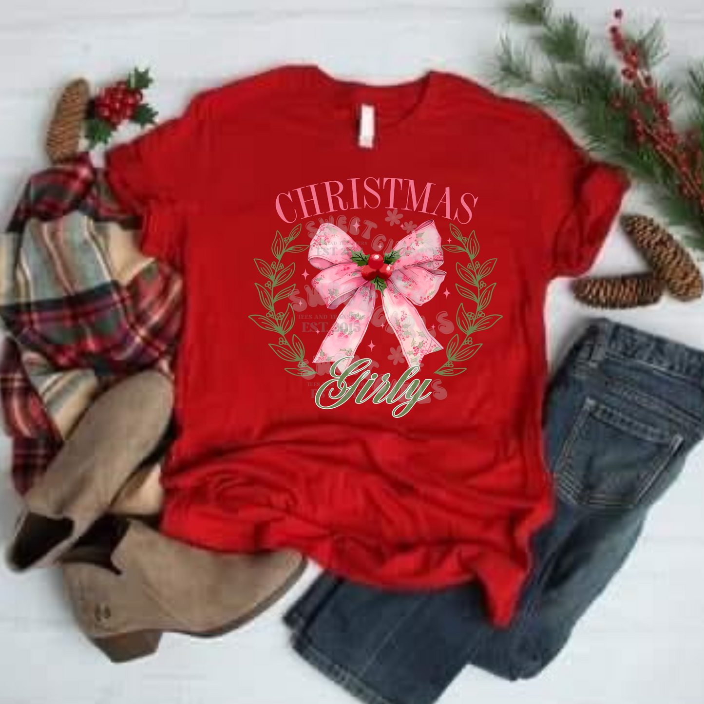 Christmas Girly Pink Bow Wreath Heat Transfer – Ready to Press Heat Transfer for T-Shirts, Bags & DIY Fabric Projects – Washable Iron-On Clothing Sticker, Long-Lasting and Trendy Holiday Print