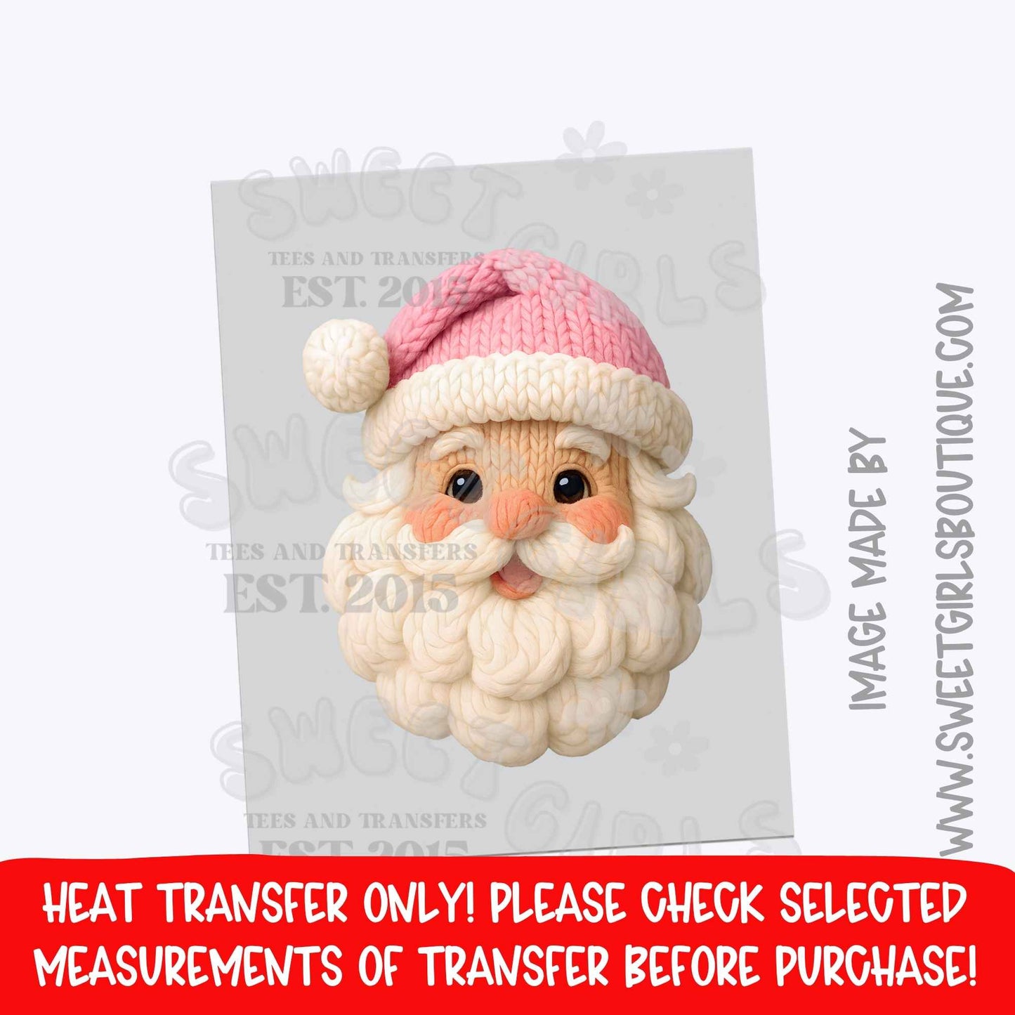 Pink Knit Santa Cute Christmas Heat Transfer | Cozy Santa Claus DTF Ready To Press | Not a Shirt | Holiday Santa Design