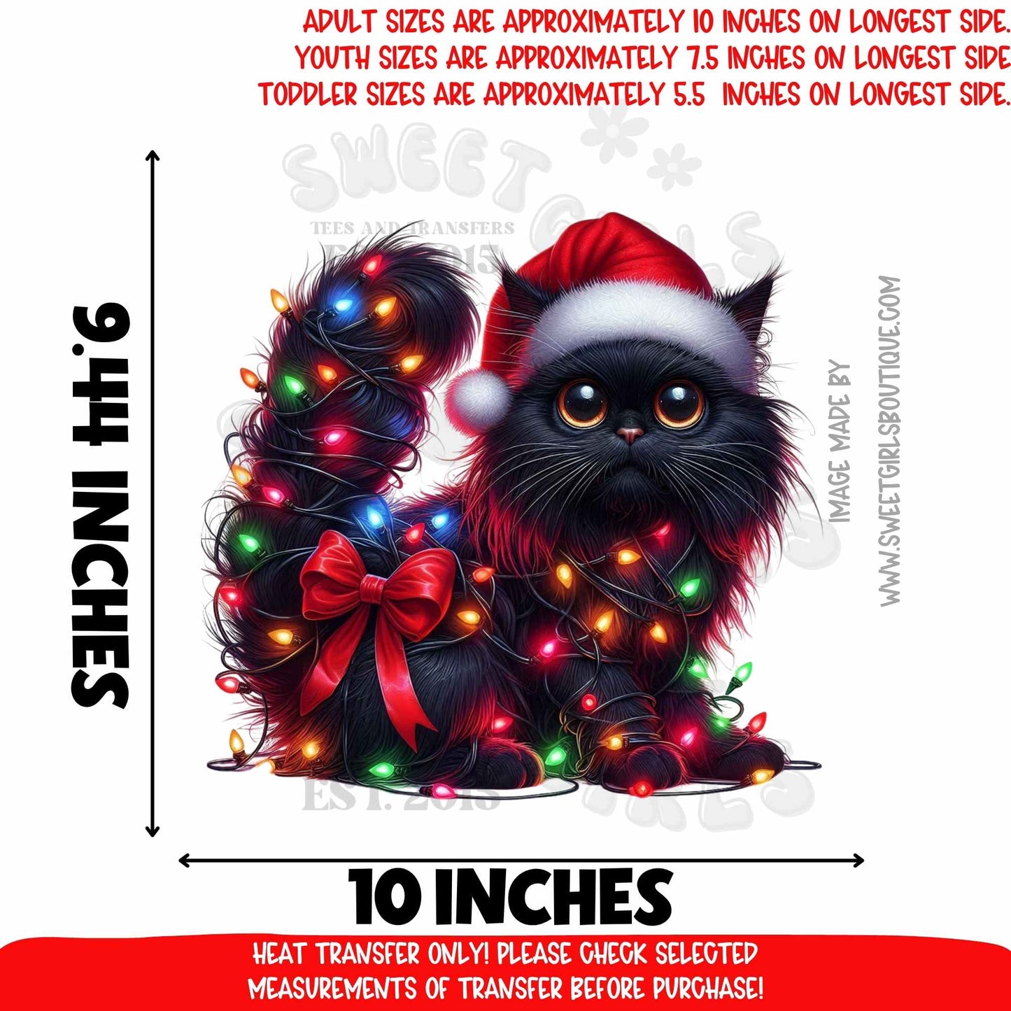 Christmas Cat Lights Holiday Kitty Heat Transfer | Cute Xmas Cat Print | DTF Ready To Press | Not a Shirt | Christmas Cat Design
