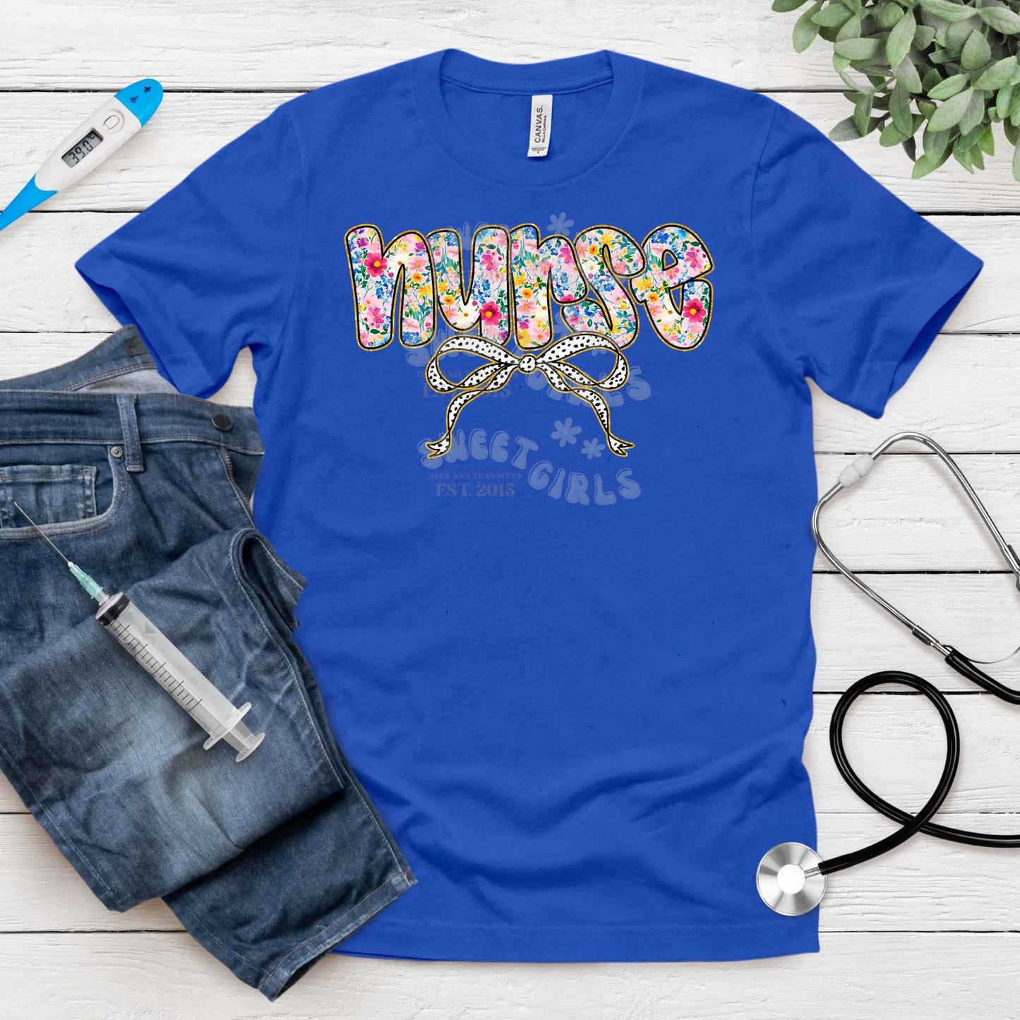 Floral Nurse Bow DTF Heat Transfer – Cute Nursing Iron-On Design