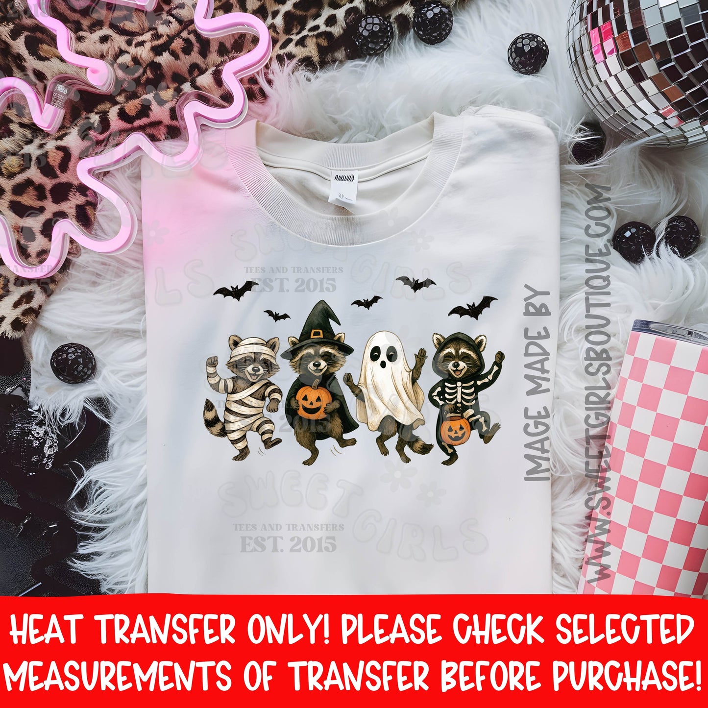 Halloween Raccoons Ghost Bat DTF Heat Transfer | Cute Spooky Fall Animals Printable Iron On | Retro Trick or Treat Autumn Aesthetic Shirt Transfer