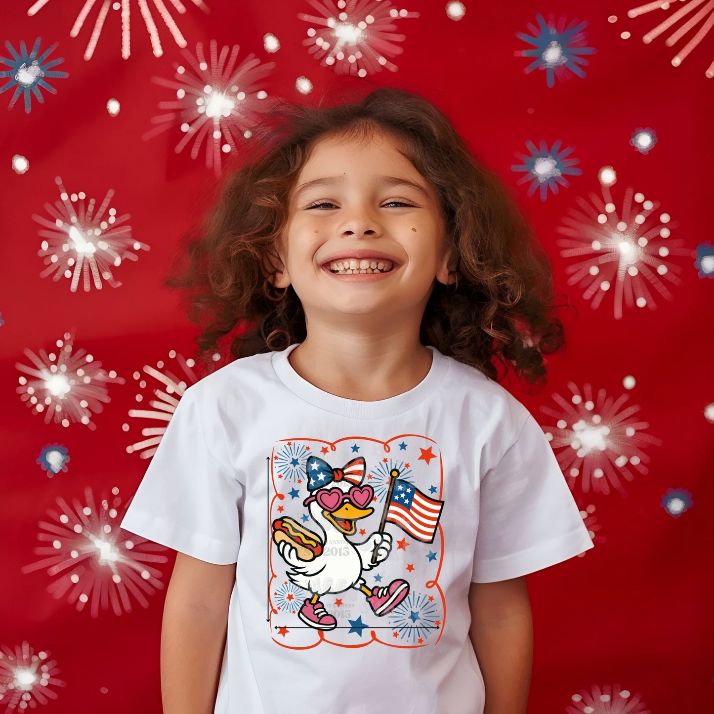 7.5 inch Youth Duck with Bow 4th of July DTF Transfer – Patriotic Fireworks Iron-On – USA Flag Hot Dog Summer Shirt Heat Transfer for Kids – Washable & Durable