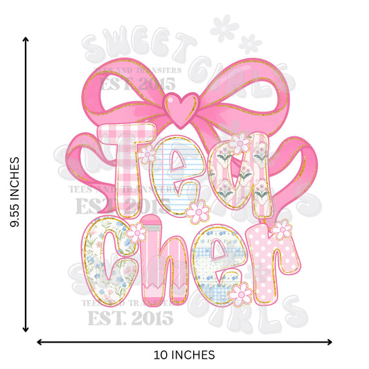 Pink Coquette Teacher Bow DTF Transfer – Direct to Film Heat Transfer Iron-On Sticker for T-Shirts, Sweatshirts, Bags | Preppy Teacher Design