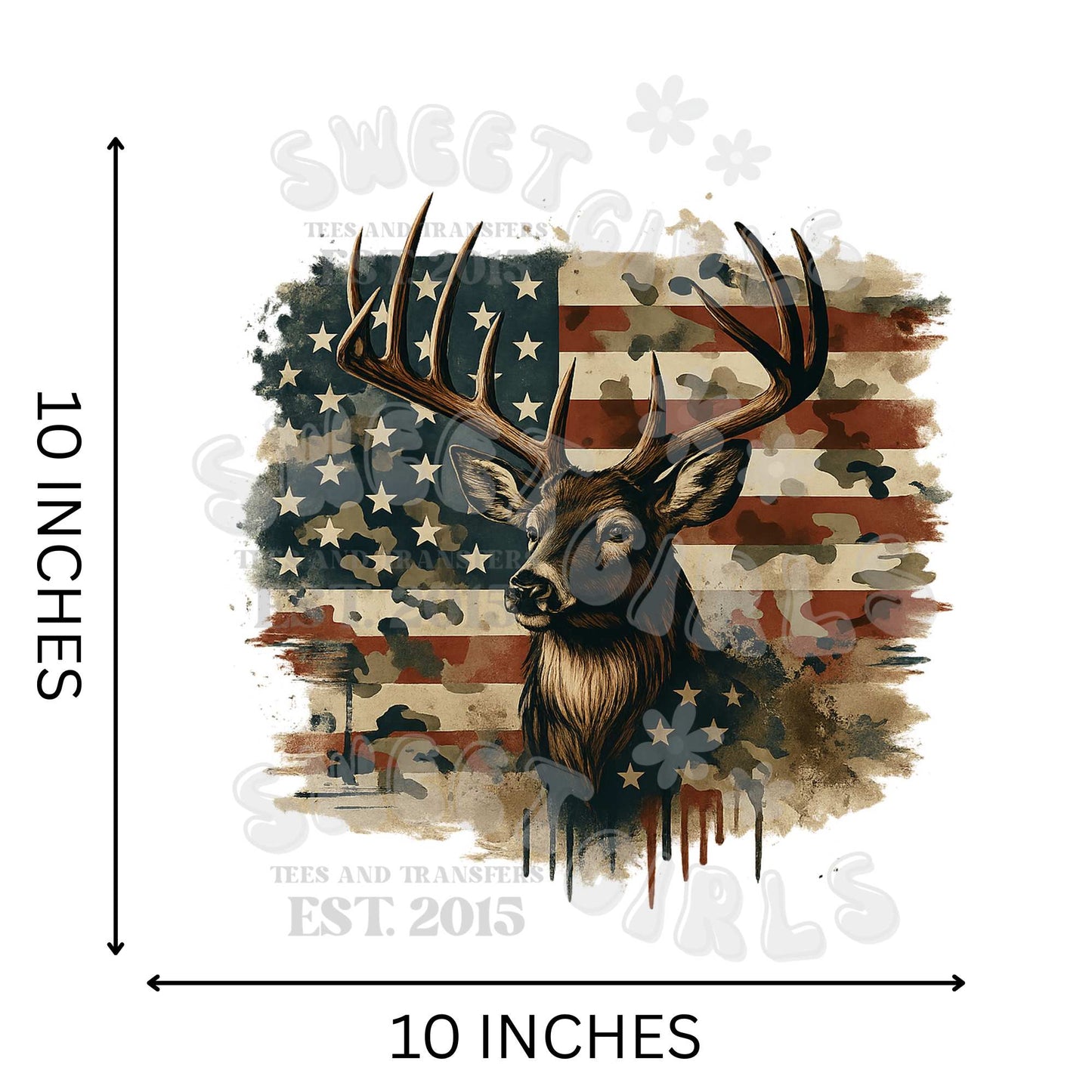 Rustic Flag Deer Head – Patriotic Hunting DTF Transfer – Ready to Press Heat Transfer Sticker for Shirts, Bags, or Gear