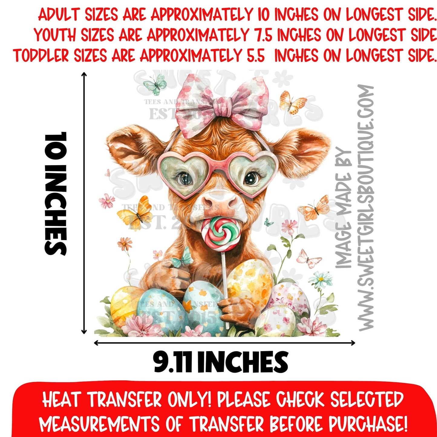 Cute Easter Brown Cow DTF Heat Transfer | Spring Cow Print | Pastel Farm Cow Design | Lollipop Bunny Egg Art | Not a Shirt