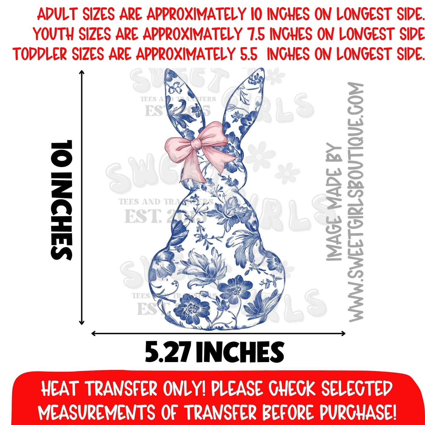 Chinoiserie Bunny DTF Heat Transfer | Blue Floral Rabbit Print | Elegant Easter Graphic | Spring Bunny Design | Not a Shirt