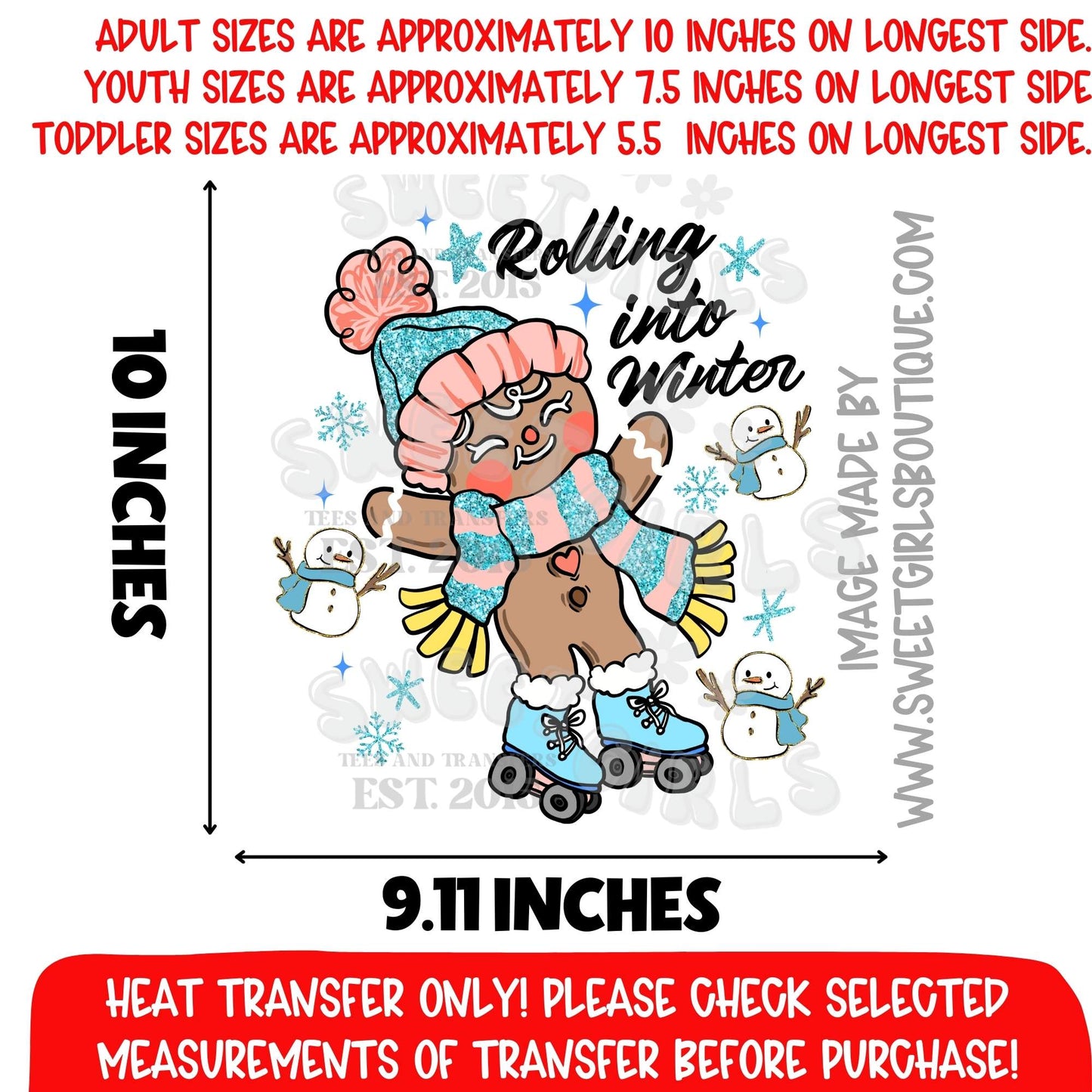 Rolling Into Winter Gingerbread DTF Heat Transfer | Cute Skating Winter Print | Holiday Gingerbread Graphic | Not a Shirt