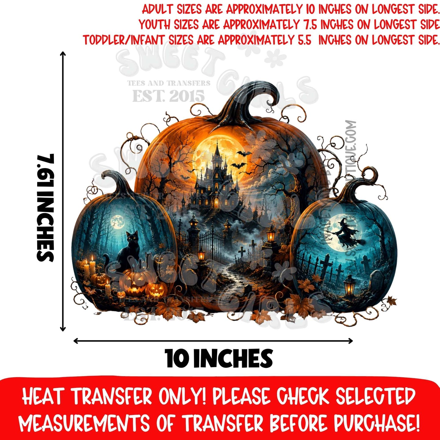 Haunted Halloween Pumpkin Castle Moon Witch DTF Heat Transfer, Ready To Press, NOT A SHIRT