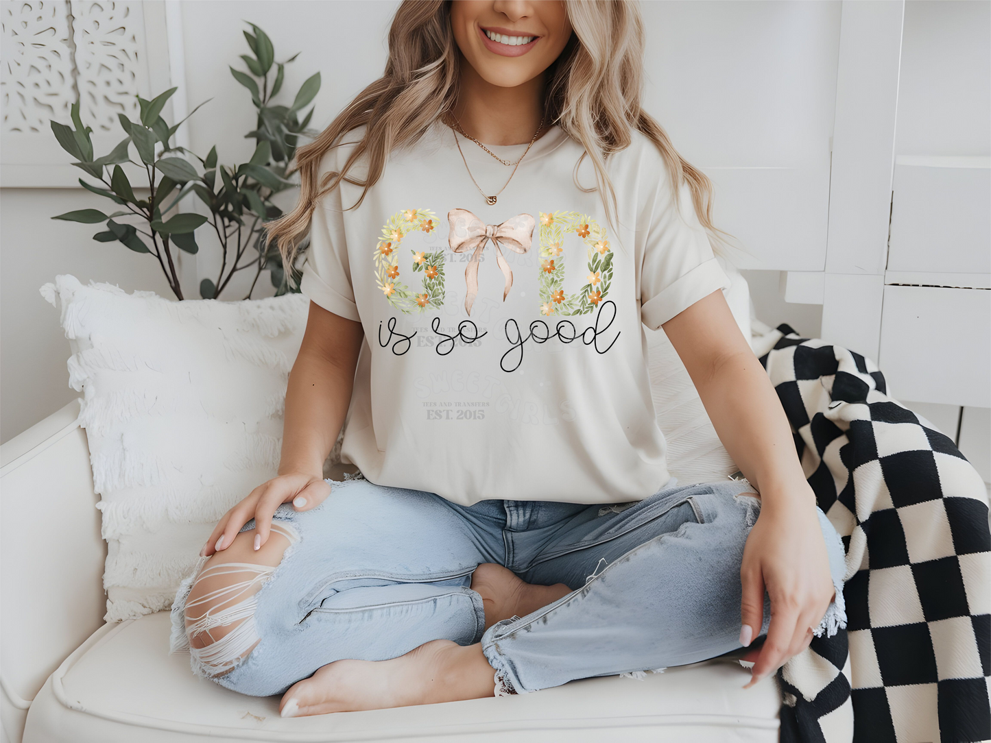 God Is So Good Bow Floral Christian DTF Transfer – Direct to Film HEAT TRANSFER – Iron-On for Shirts, Sweatshirts, Bags – USA-Made