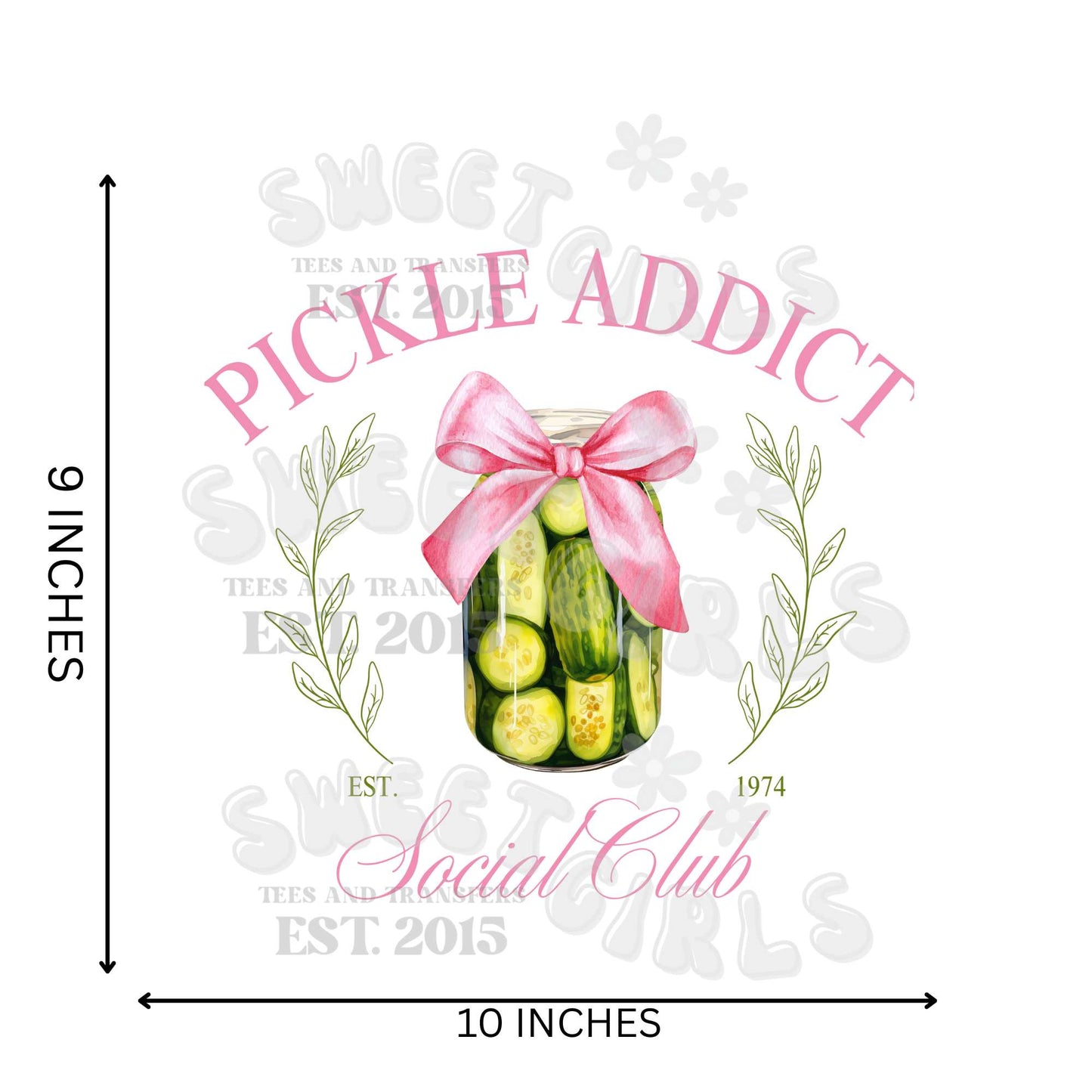 Pickle Addict Social Club DTF Transfer – Pink Bow Pickle Jar Iron-On Heat Transfer for T-Shirts, Sweatshirts & Totes