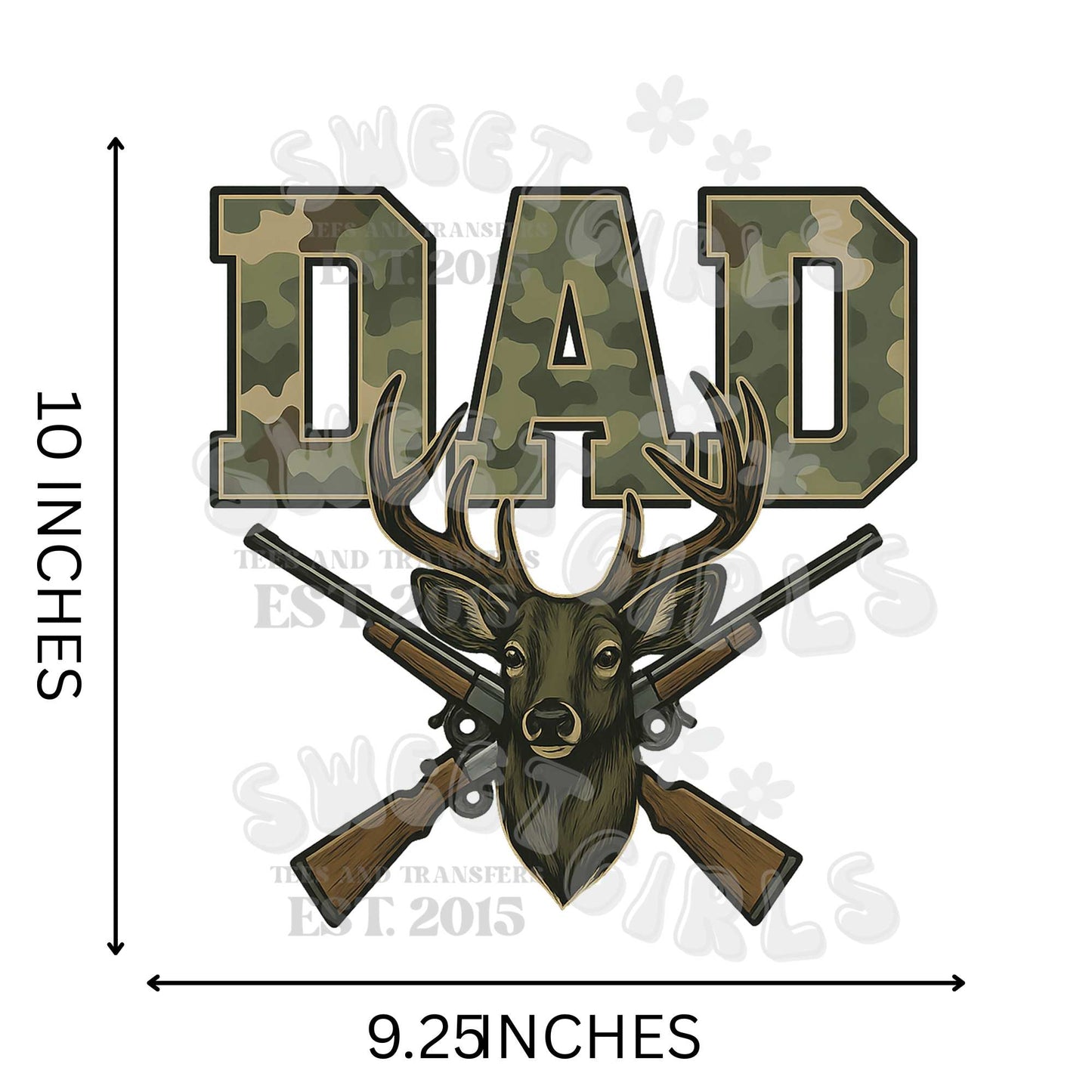 Dad Camo Deer with Crossed Gear – Hunting Theme Heat Transfer – Ready to Press DTF Iron-On Sticker for T-Shirts, Sweatshirts, and Gifts