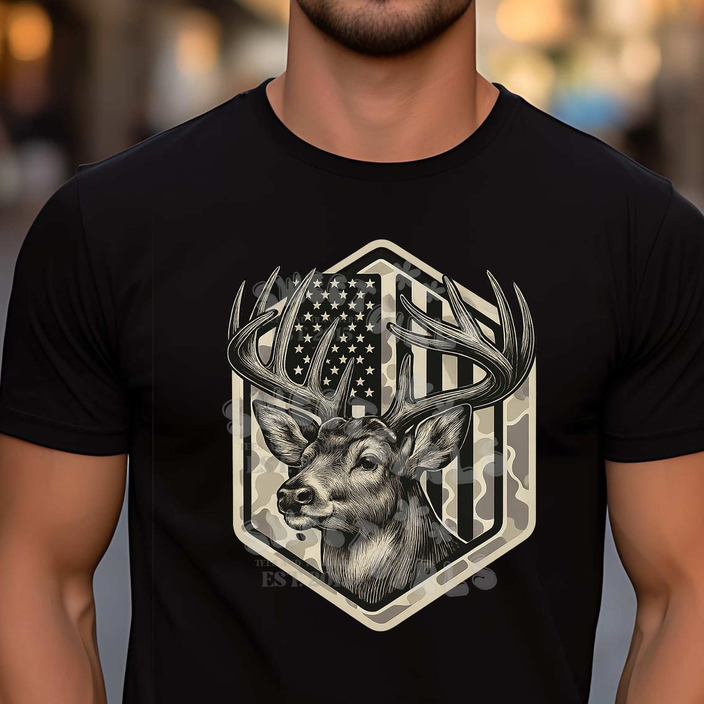 Patriotic Buck Badge – Rustic Deer Head and Camo Patch Heat Transfer – Direct to Film (DTF) Iron-On for Shirts, Jackets & Bags