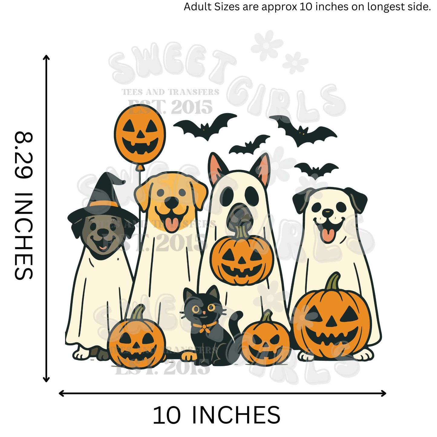Halloween Dog Pack DTF Transfer – Ghost Dog Squad with Pumpkins & Bats – Ready to Press