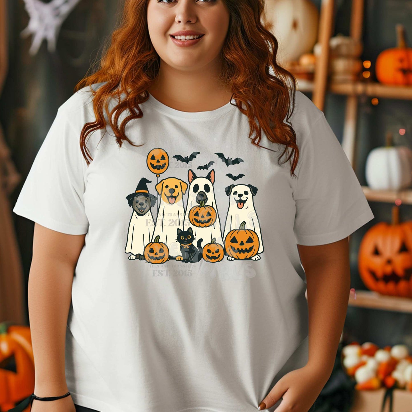 Halloween Dog Pack DTF Transfer – Ghost Dog Squad with Pumpkins & Bats – Ready to Press