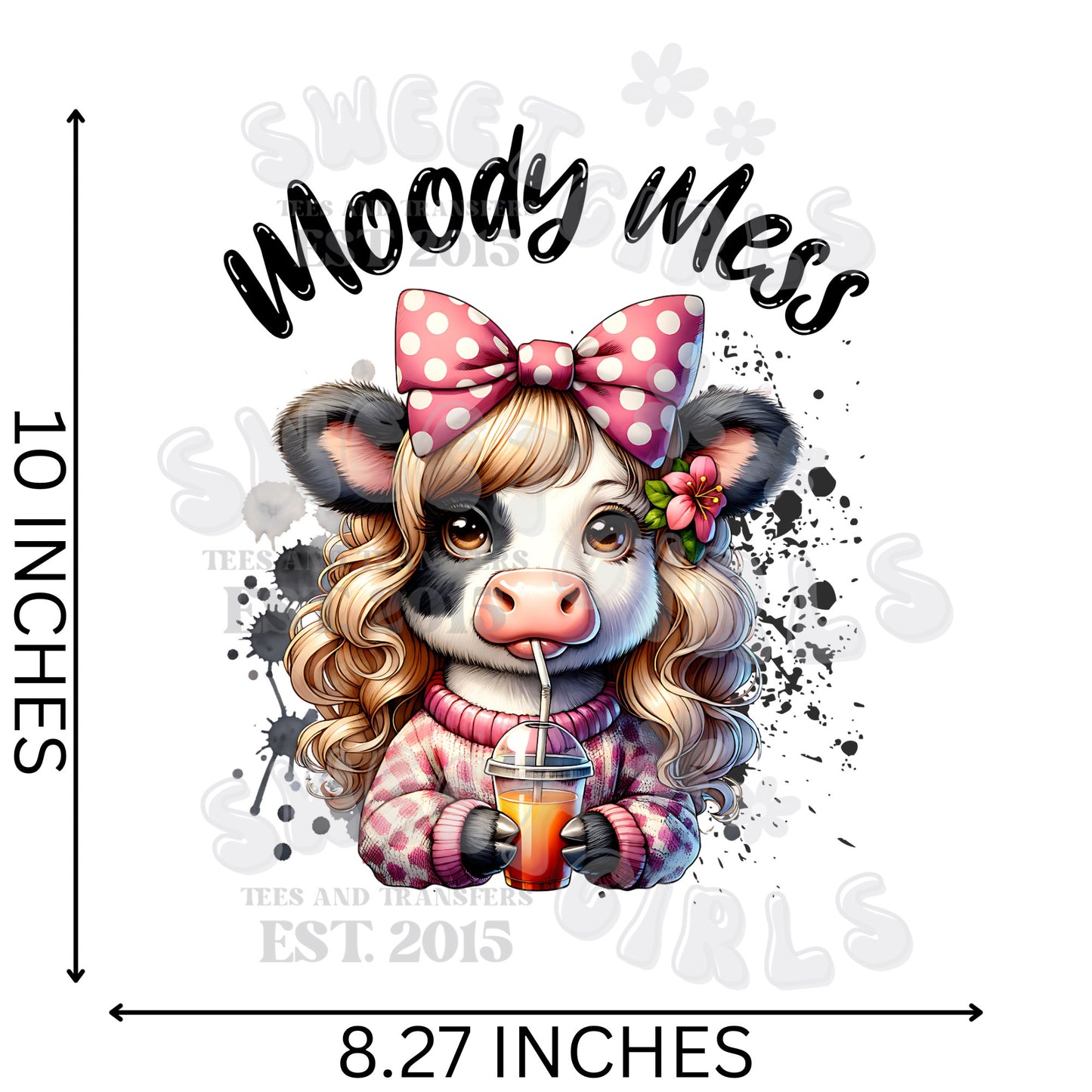 Moody Mess Cow DTF Transfer – Cute Bow & Drink Cow Iron-On Heat Transfer | Funny Western Farm Design