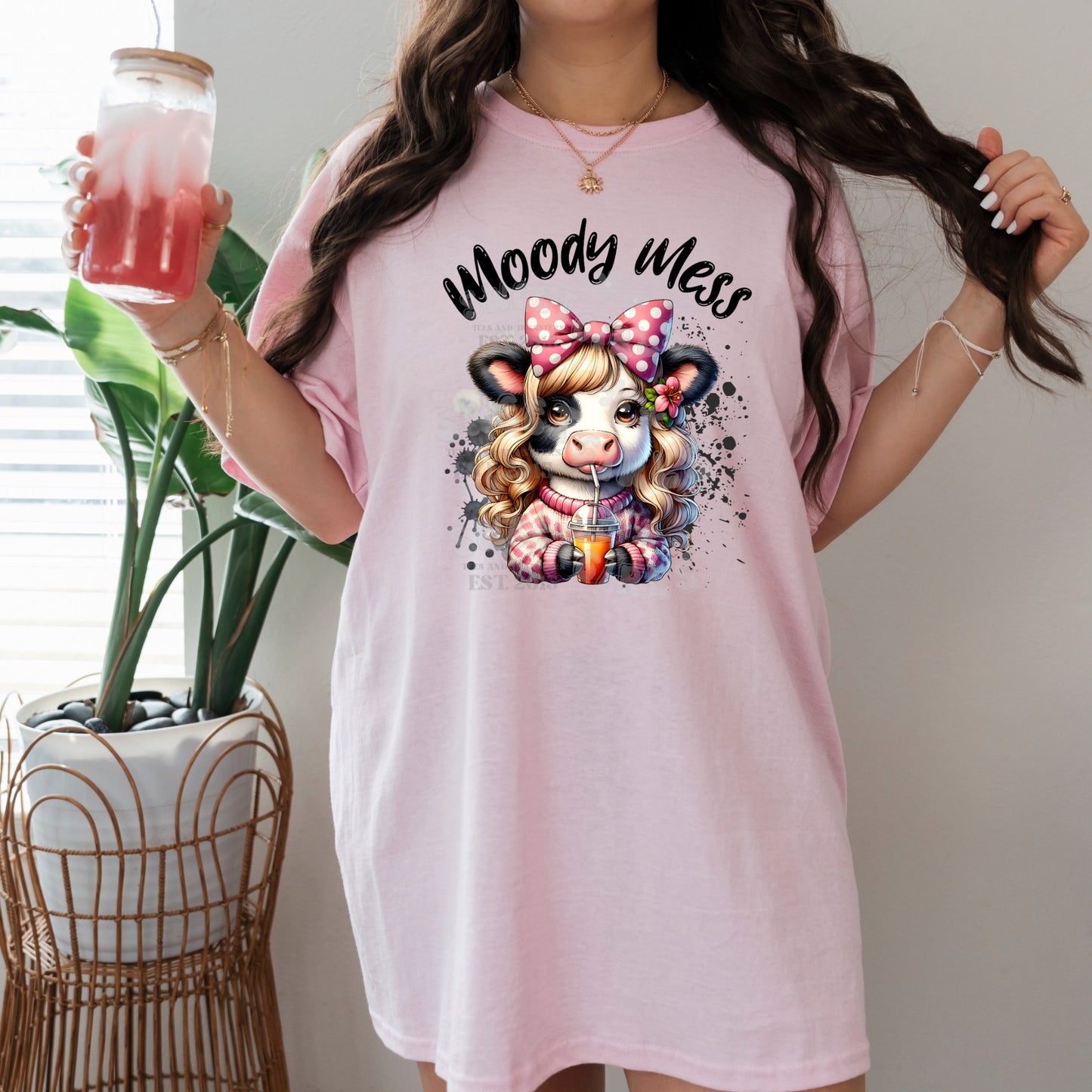 Moody Mess Cow DTF Transfer – Cute Bow & Drink Cow Iron-On Heat Transfer | Funny Western Farm Design