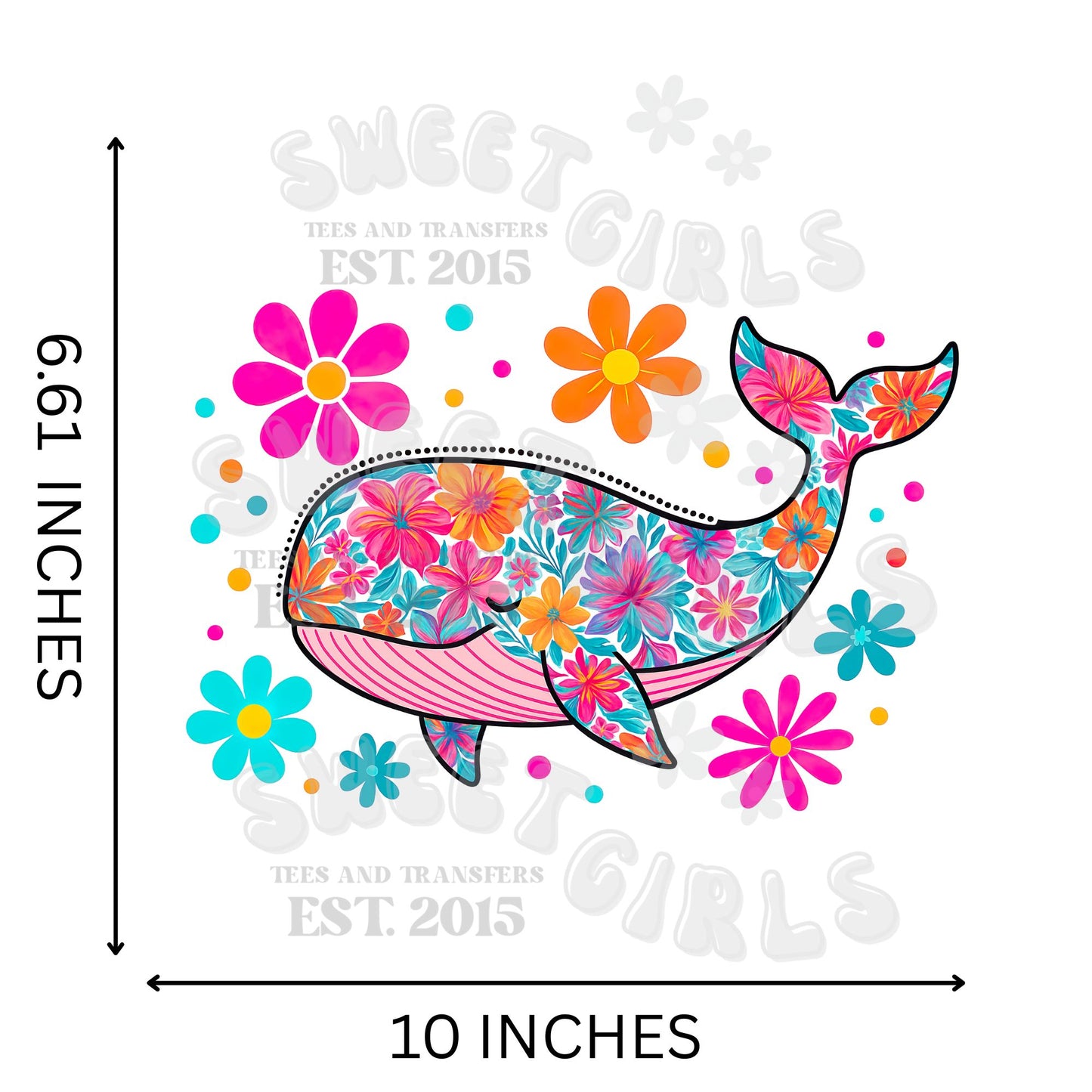 Floral Whale DTF Heat Transfer – Bright Tropical Flowers Cute Ocean Animal Iron-On Transfer for Shirts, Totes & Summer DIY – Heat Press or Iron Compatible