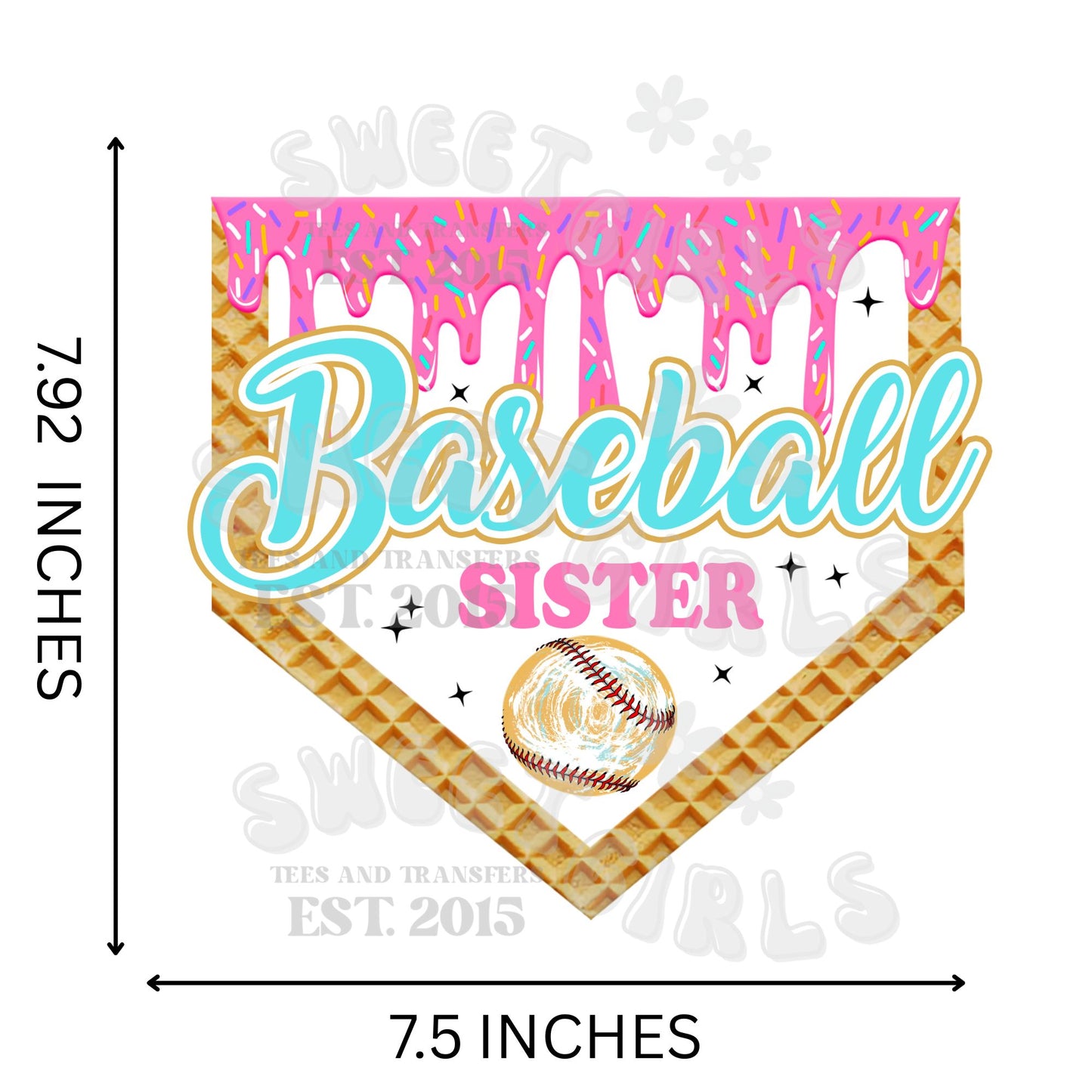 Baseball Sister DTF Heat Transfer – Pink Waffle Cone Home Plate Iron-On – Softball Sibling Game Day Shirt DIY Design – Washable, Cold Peel, Press Ready