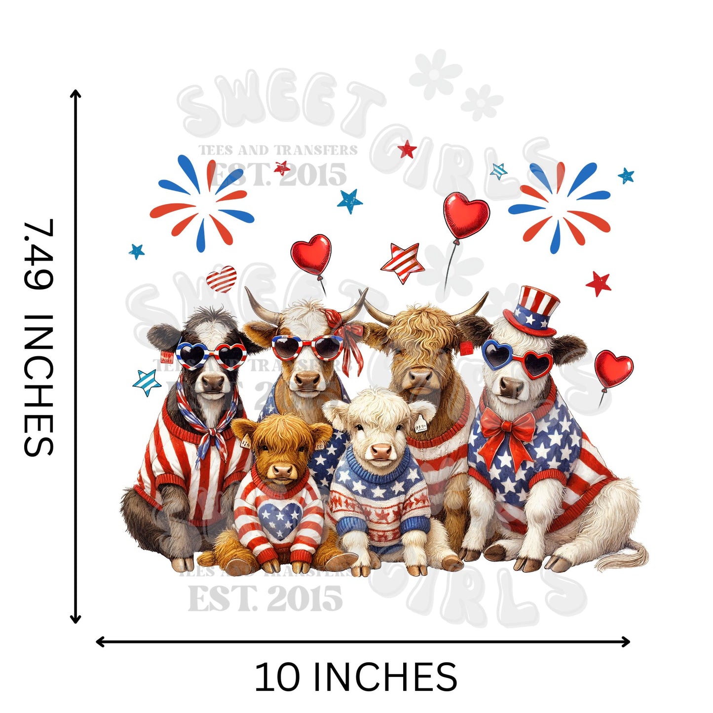 Patriotic Cows DTF Transfer – July 4th Heat Press Iron-On Design – Farm Animal Stars & Stripes Transfer for Shirts, Bags, Decor – USA Cow Print