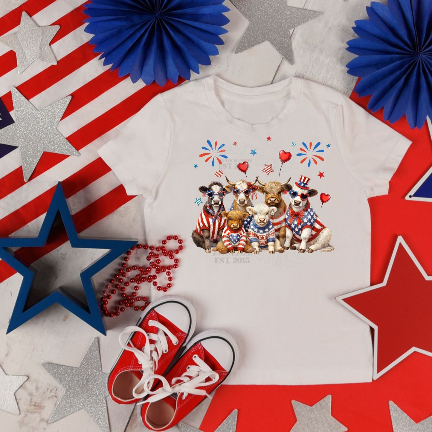 Patriotic Cows DTF Transfer – July 4th Heat Press Iron-On Design – Farm Animal Stars & Stripes Transfer for Shirts, Bags, Decor – USA Cow Print