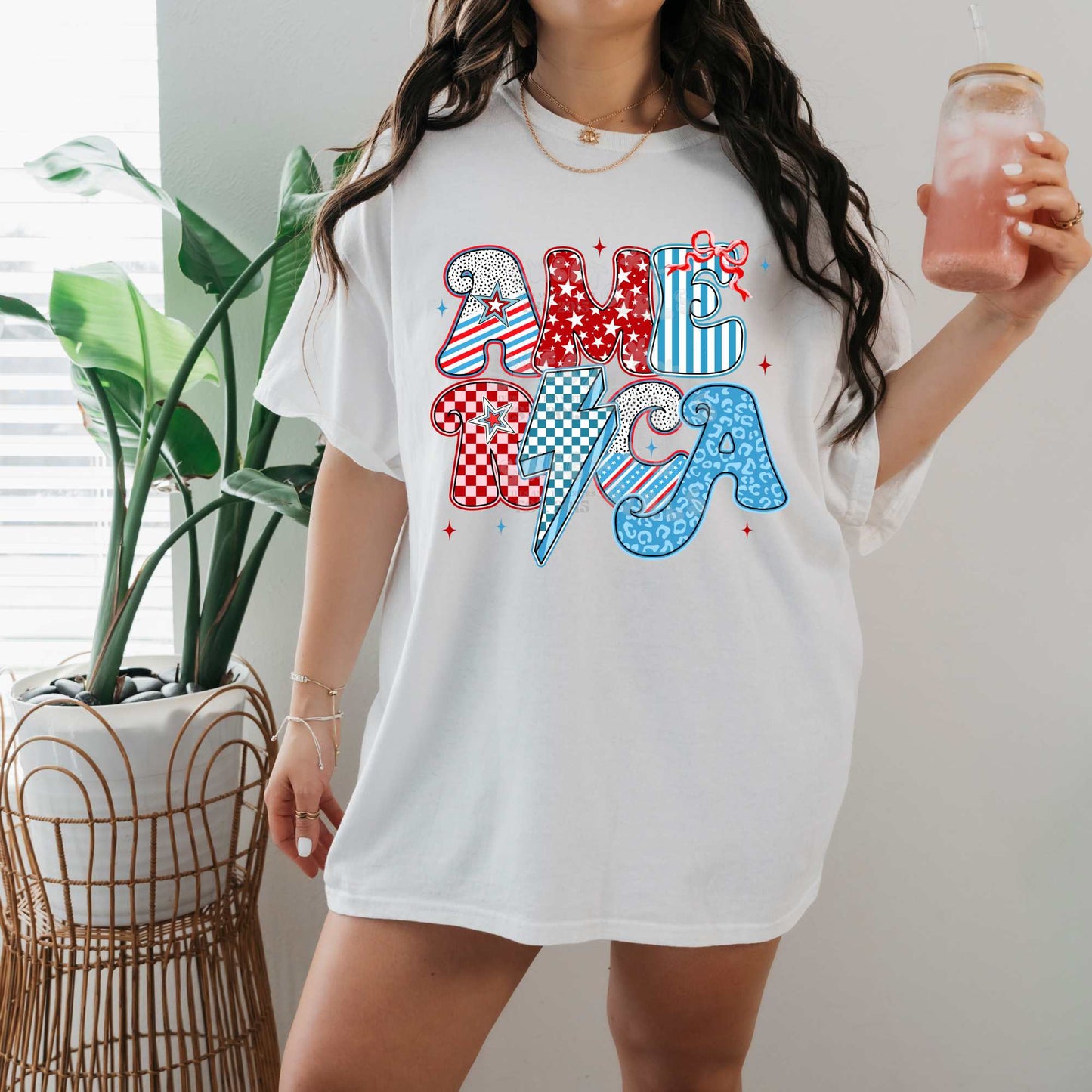 America DTF Heat Transfer – Retro Coquette Lightning Bolt Iron-On – Washable Direct to Film for July 4th Tees, Bags, Sweatshirts