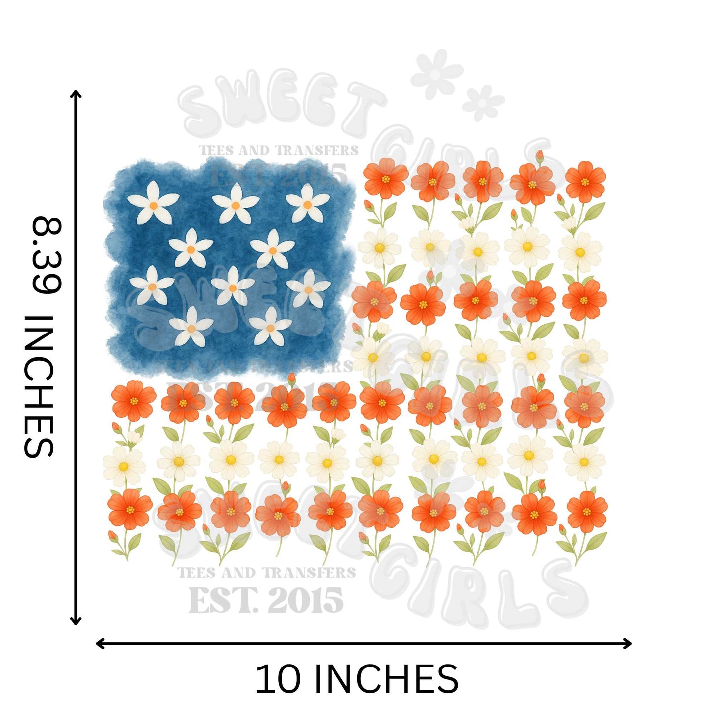 Floral American Flag DTF Transfer – USA Patriotic Flowers Iron-On – Washable Direct to Film for T-Shirts, Jeans, Bags & Fabric Decor