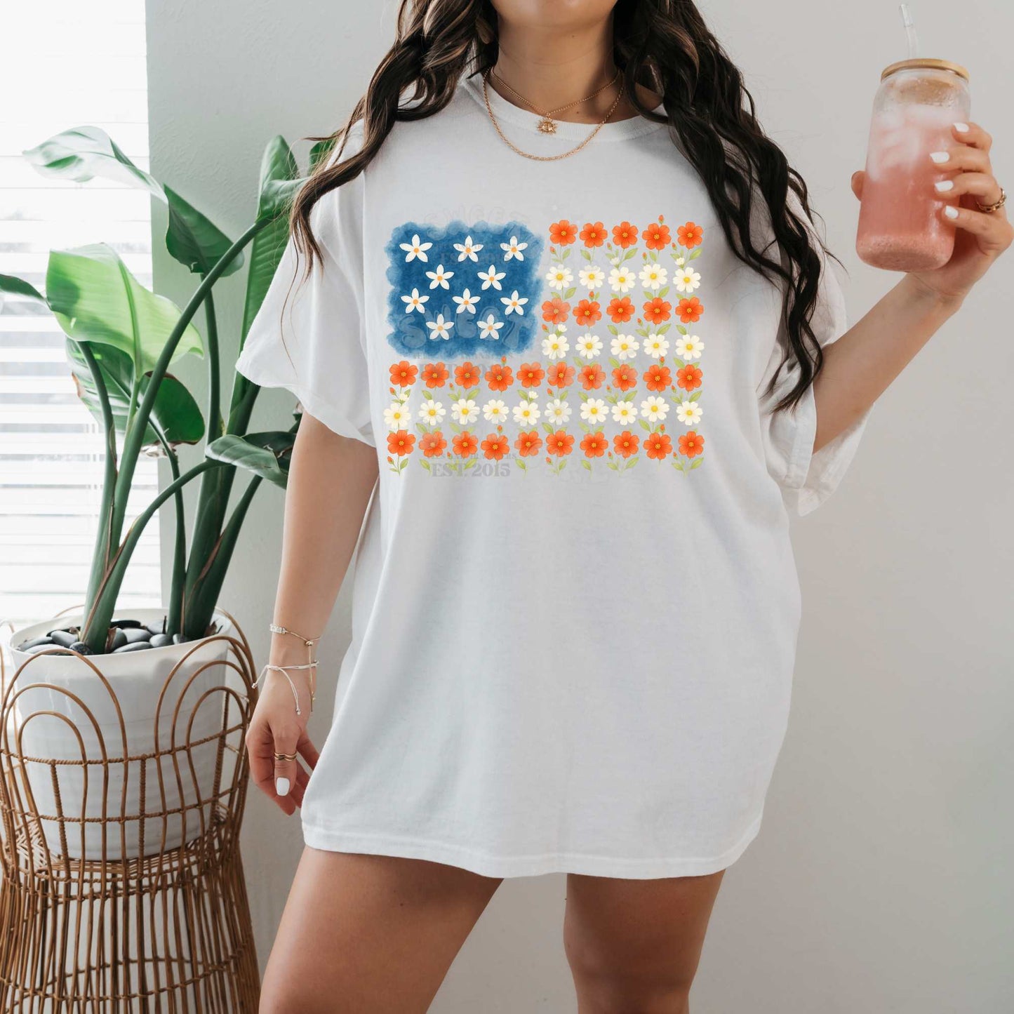 Floral American Flag DTF Transfer – USA Patriotic Flowers Iron-On – Washable Direct to Film for T-Shirts, Jeans, Bags & Fabric Decor