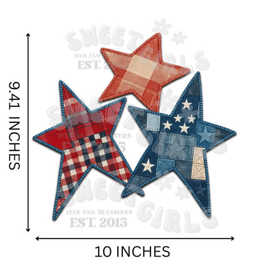 Patchwork Star Trio DTF Transfer – Vintage Americana Iron-On Heat Transfer – Direct to Film USA Print for Tees, Bags, and More