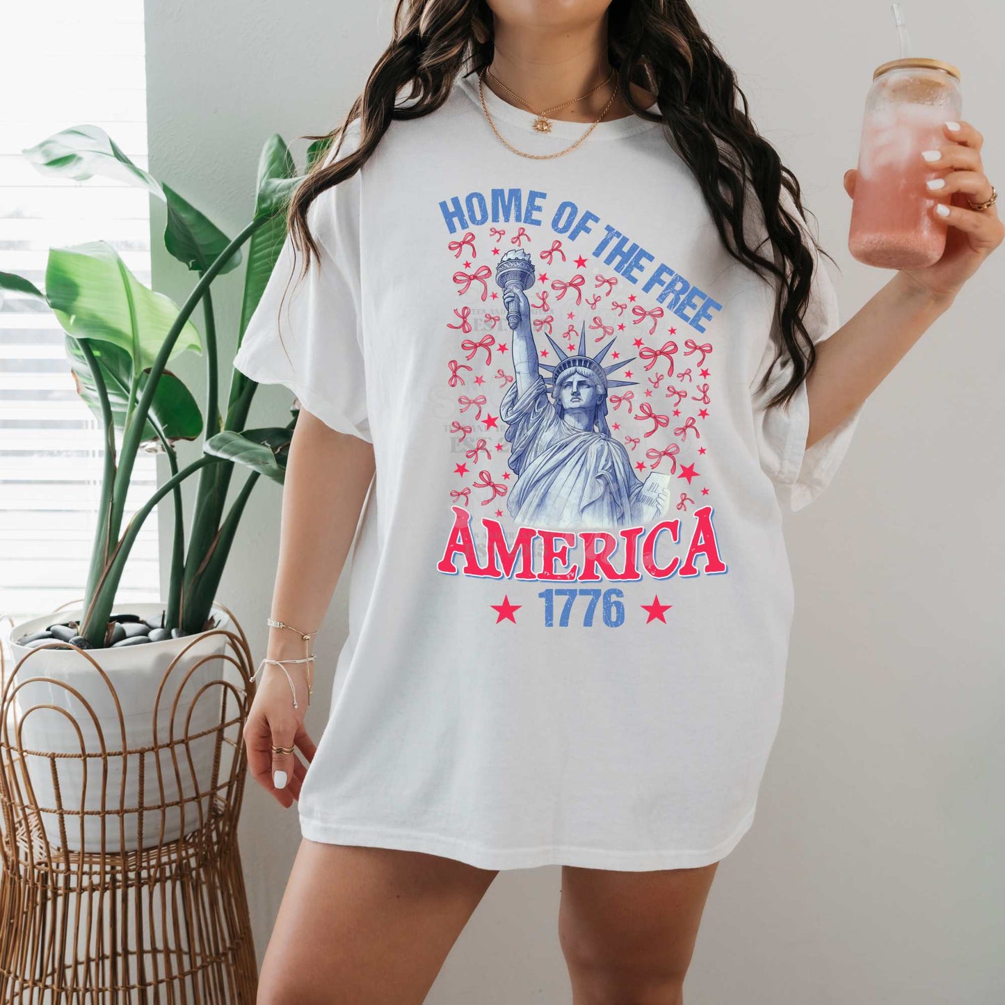Statue of Liberty Bow DTF Transfer – Home of the Free July 4th Iron-On Heat Transfer – Direct to Film Design for Patriotic Shirts & Decor