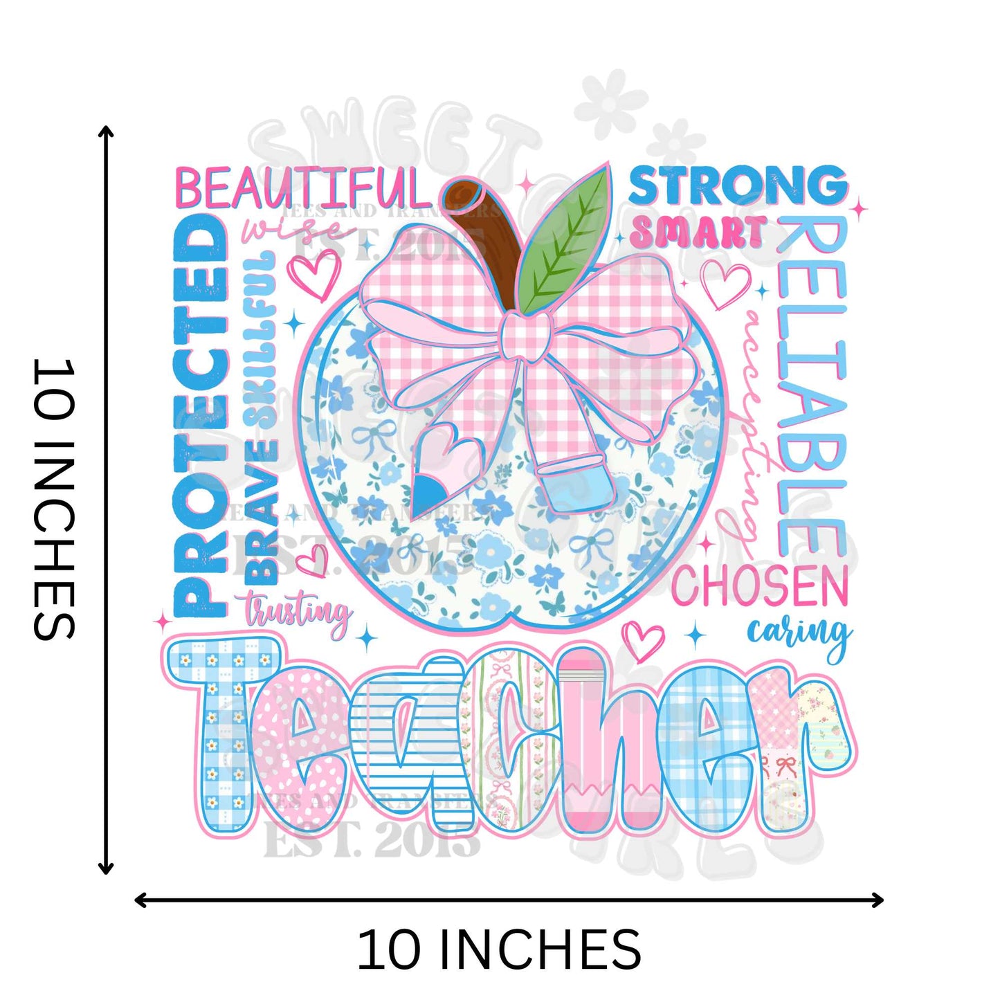 Teacher Apple Bow Floral DTF Transfer – Coquette Pastel HEAT TRANSFER – Iron-On Direct to Film for Teachers, Bags, Decor – Press Ready, Washable Back-to-School Design