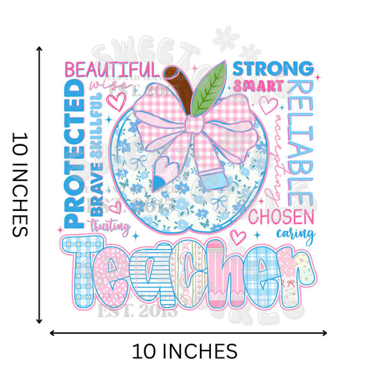 Teacher Apple Bow Floral DTF Transfer – Coquette Pastel HEAT TRANSFER – Iron-On Direct to Film for Teachers, Bags, Decor – Press Ready, Washable Back-to-School Design