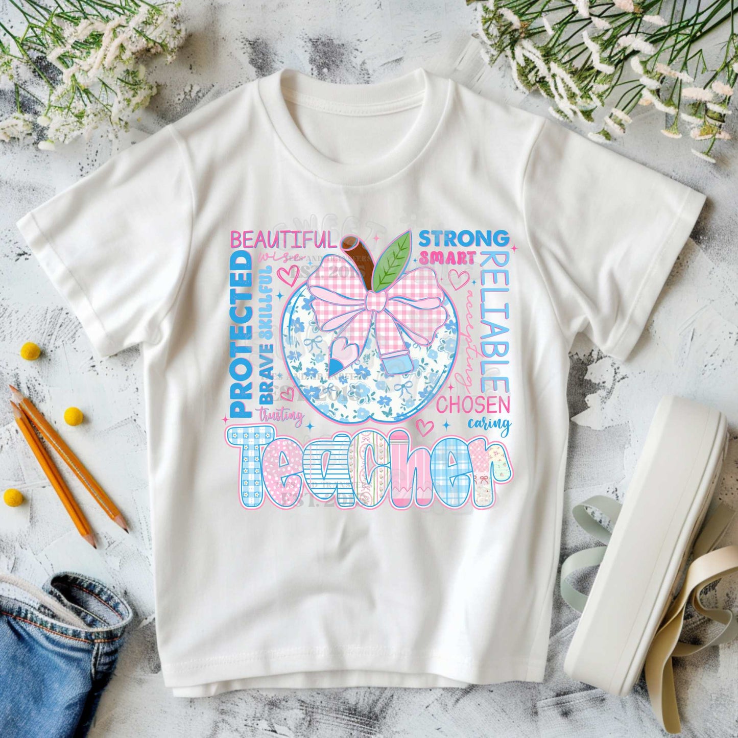 Teacher Apple Bow Floral DTF Transfer – Coquette Pastel HEAT TRANSFER – Iron-On Direct to Film for Teachers, Bags, Decor – Press Ready, Washable Back-to-School Design