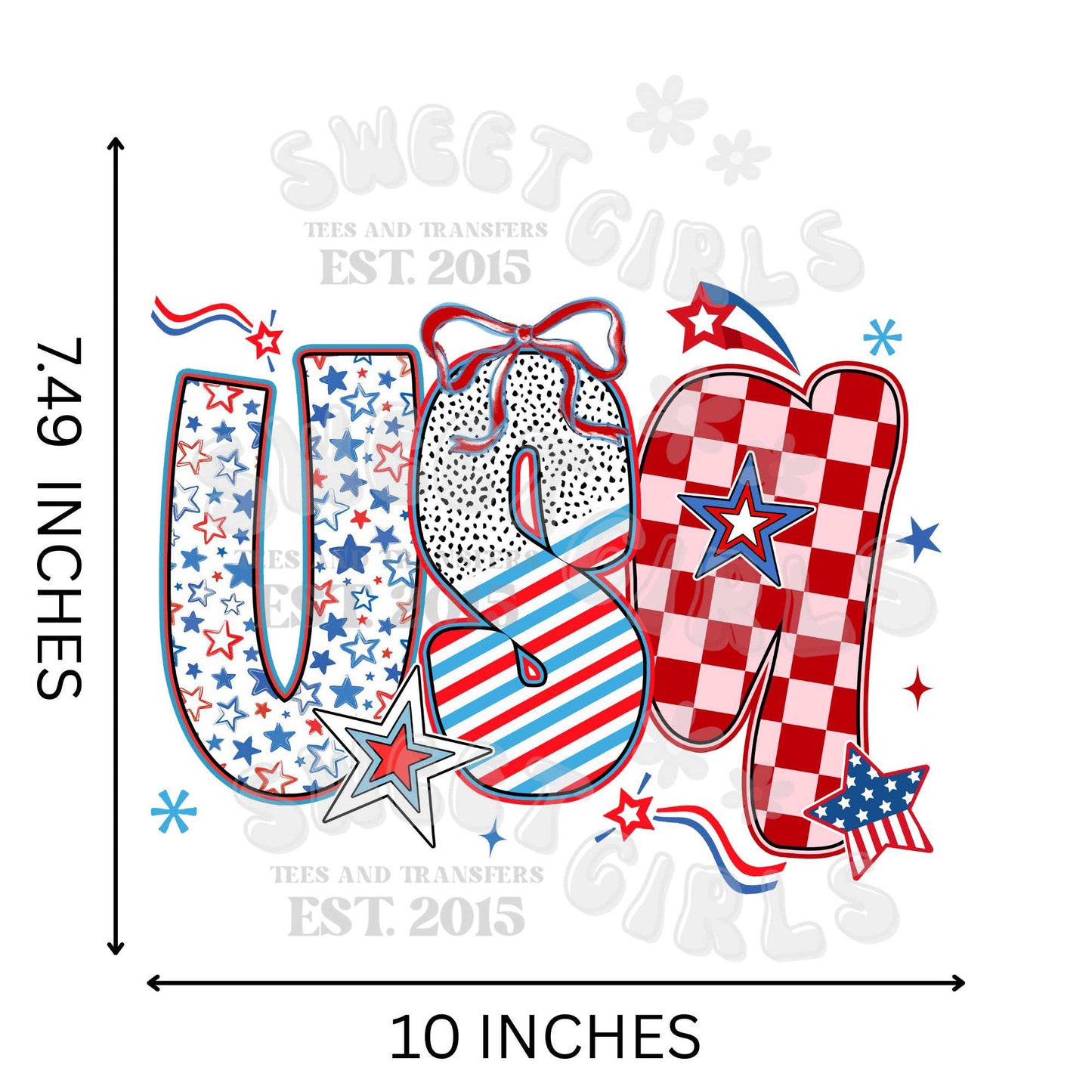 USA Lettering DTF Transfer – Red White Blue Coquette Bow Heat Transfer – Direct to Film Iron-On for July 4th Shirts, Bags, and Decor
